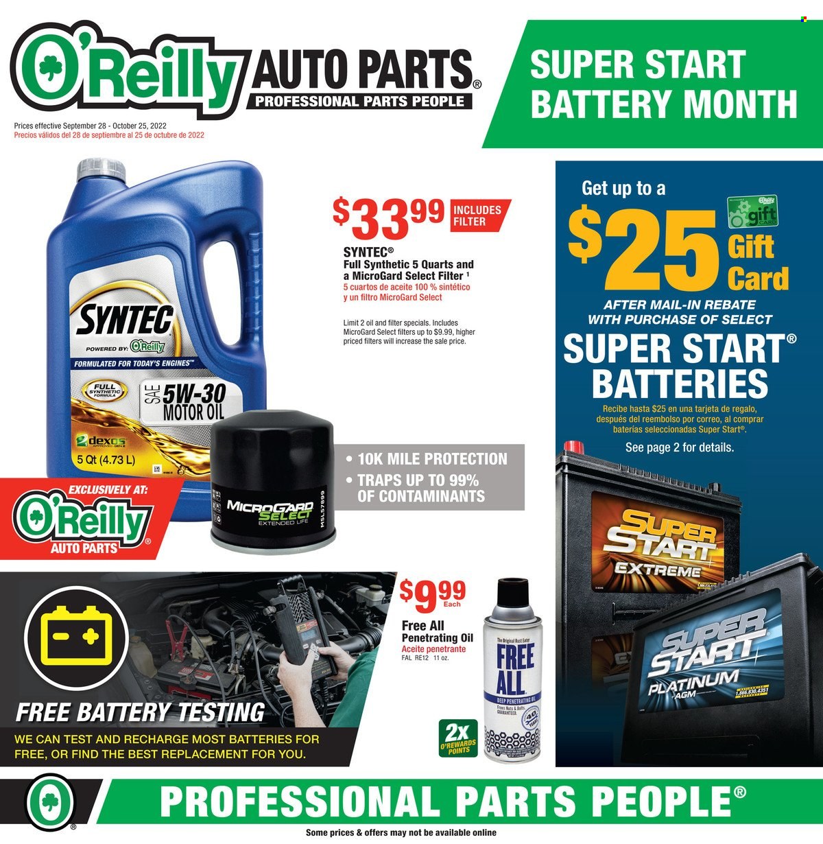 thumbnail - O'Reilly Auto Parts Flyer - 09/28/2022 - 10/25/2022 - Sales products - motor oil. Page 1.