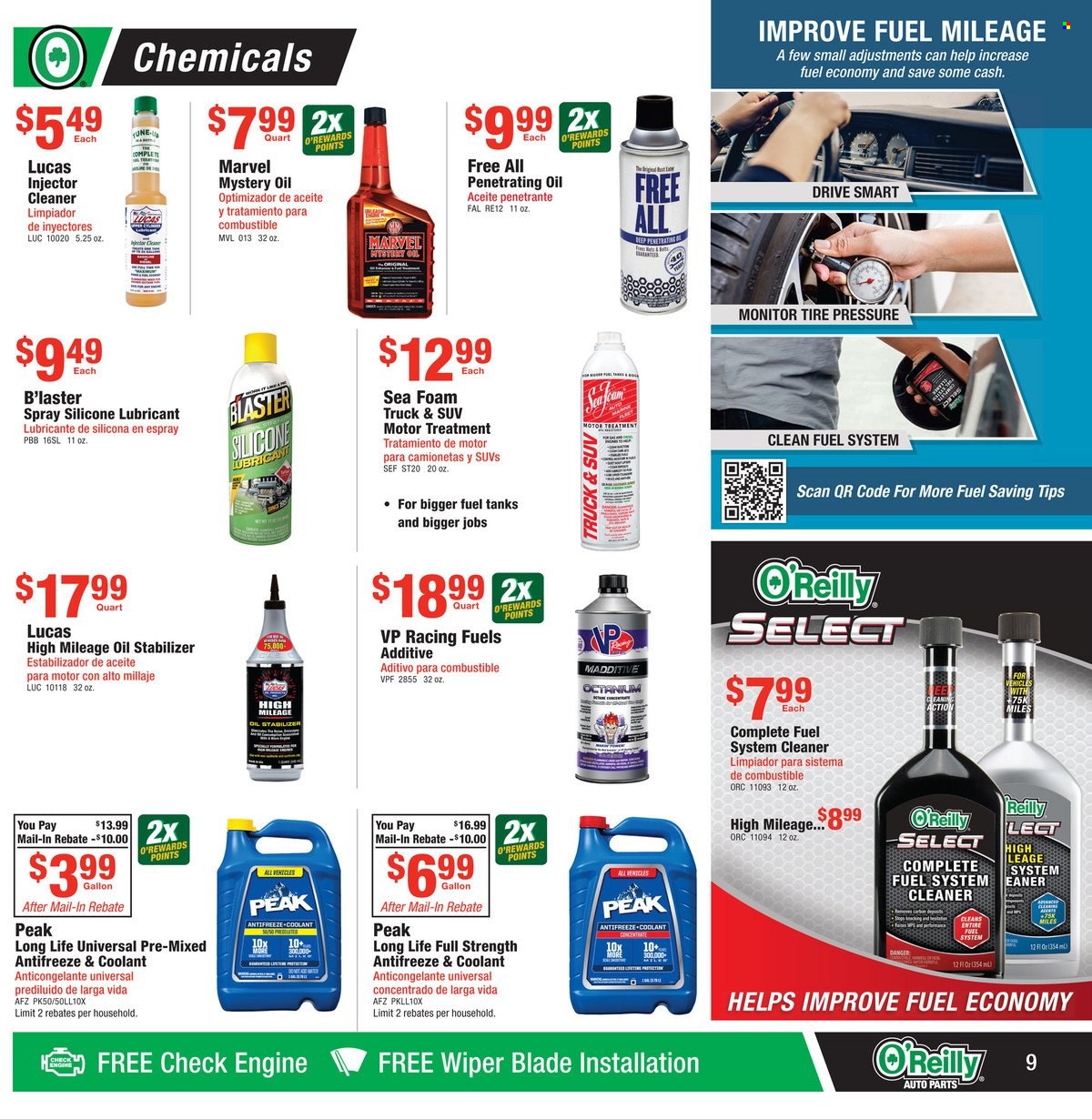 thumbnail - O'Reilly Auto Parts Flyer - 09/28/2022 - 10/25/2022 - Sales products - lubricant, wiper blades, fuel system cleaner, Lucas, injector cleaner, cleaner, antifreeze, B'laster. Page 9.