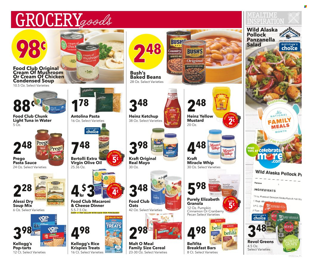thumbnail - Cash Wise Flyer - 09/28/2022 - 10/04/2022 - Sales products - tuna, pollock, pasta sauce, soup mix, macaroni, condensed soup, soup, instant soup, Kraft®, Bertolli, mayonnaise, Miracle Whip, Kellogg's, Pop-Tarts, oats, malt, tuna in water, Heinz, light tuna, baked beans, cereals, granola, Rice Krispies, belVita, cinnamon, mustard, ketchup, extra virgin olive oil, olive oil, oil. Page 5.
