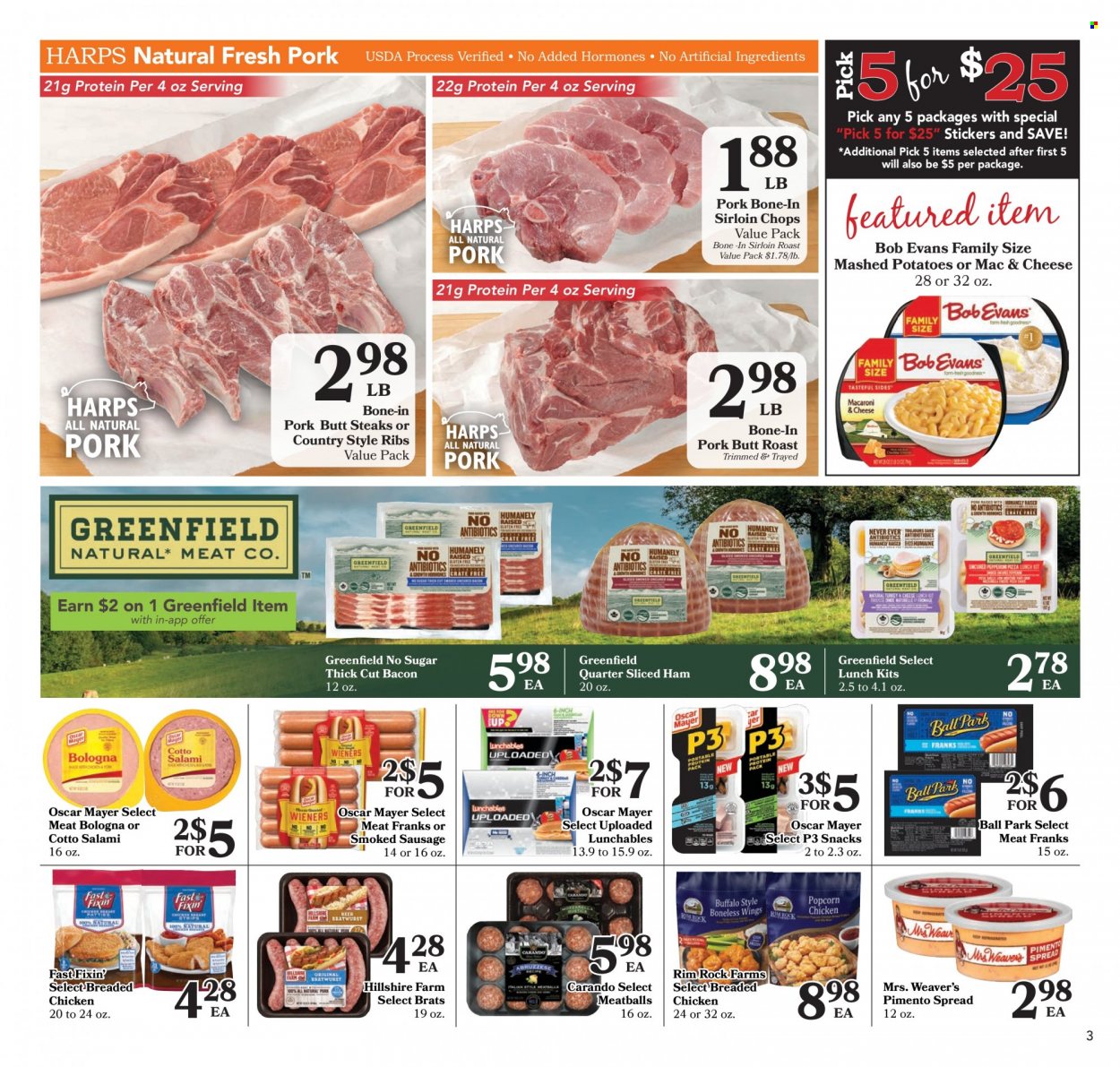 thumbnail - Harps Hometown Fresh Flyer - 09/28/2022 - 10/04/2022 - Sales products - Fast Fixin', mashed potatoes, meatballs, fried chicken, Lunchables, Bob Evans, bacon, salami, ham, Hillshire Farm, Oscar Mayer, sausage, smoked sausage, snack, steak, pork ribs, country style ribs. Page 3.