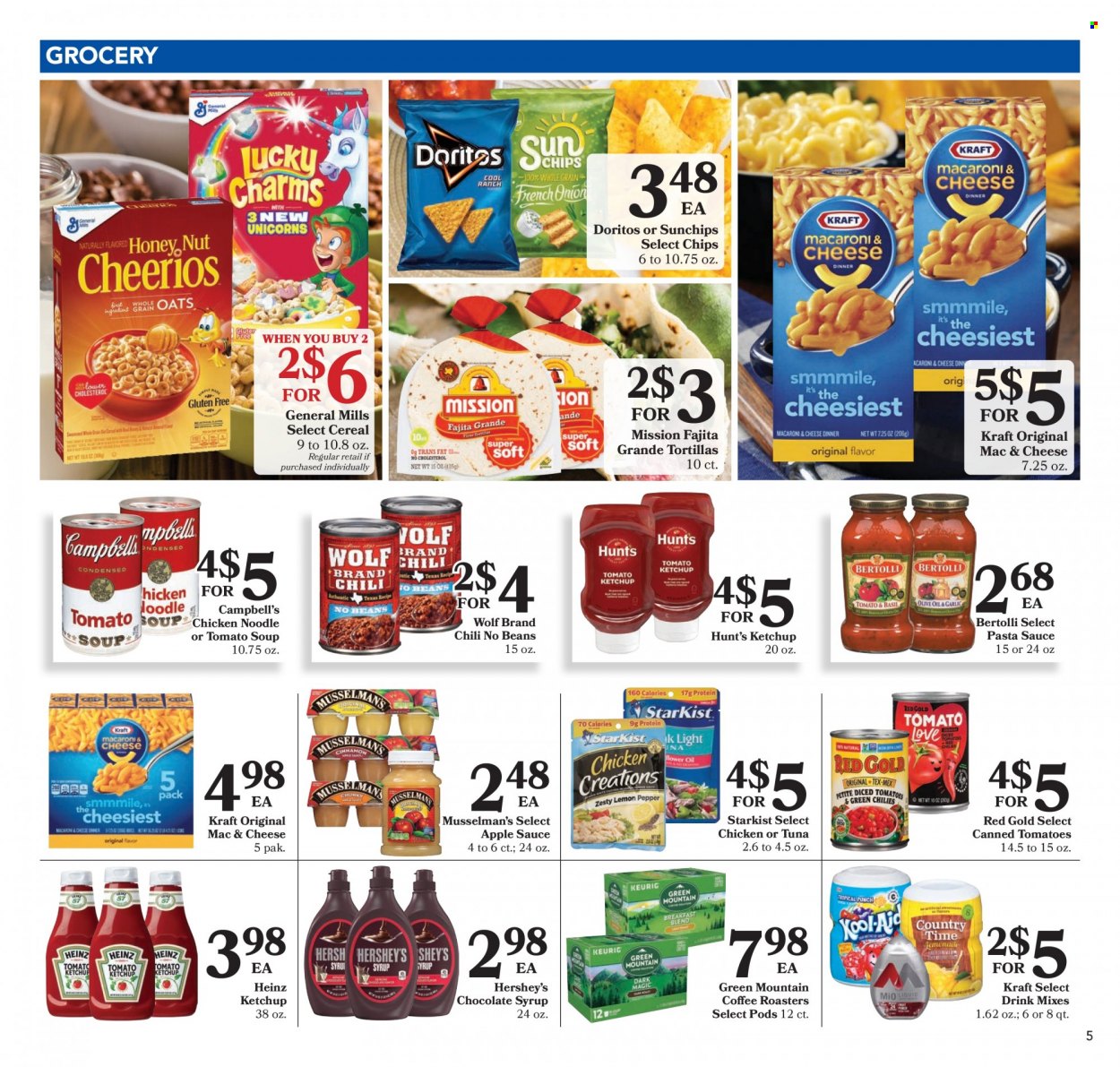 thumbnail - Harps Hometown Fresh Flyer - 09/28/2022 - 10/04/2022 - Sales products - tortillas, garlic, tomatoes, tuna, StarKist, Campbell's, tomato soup, pasta sauce, soup, sauce, fajita, noodles, Kraft®, Bertolli, Hershey's, Doritos, chips, oats, Heinz, diced tomatoes, cereals, Cheerios, cinnamon, ketchup, olive oil, oil, apple sauce, chocolate syrup, syrup, lemonade, Country Time, coffee, Keurig, breakfast blend, Green Mountain. Page 5.
