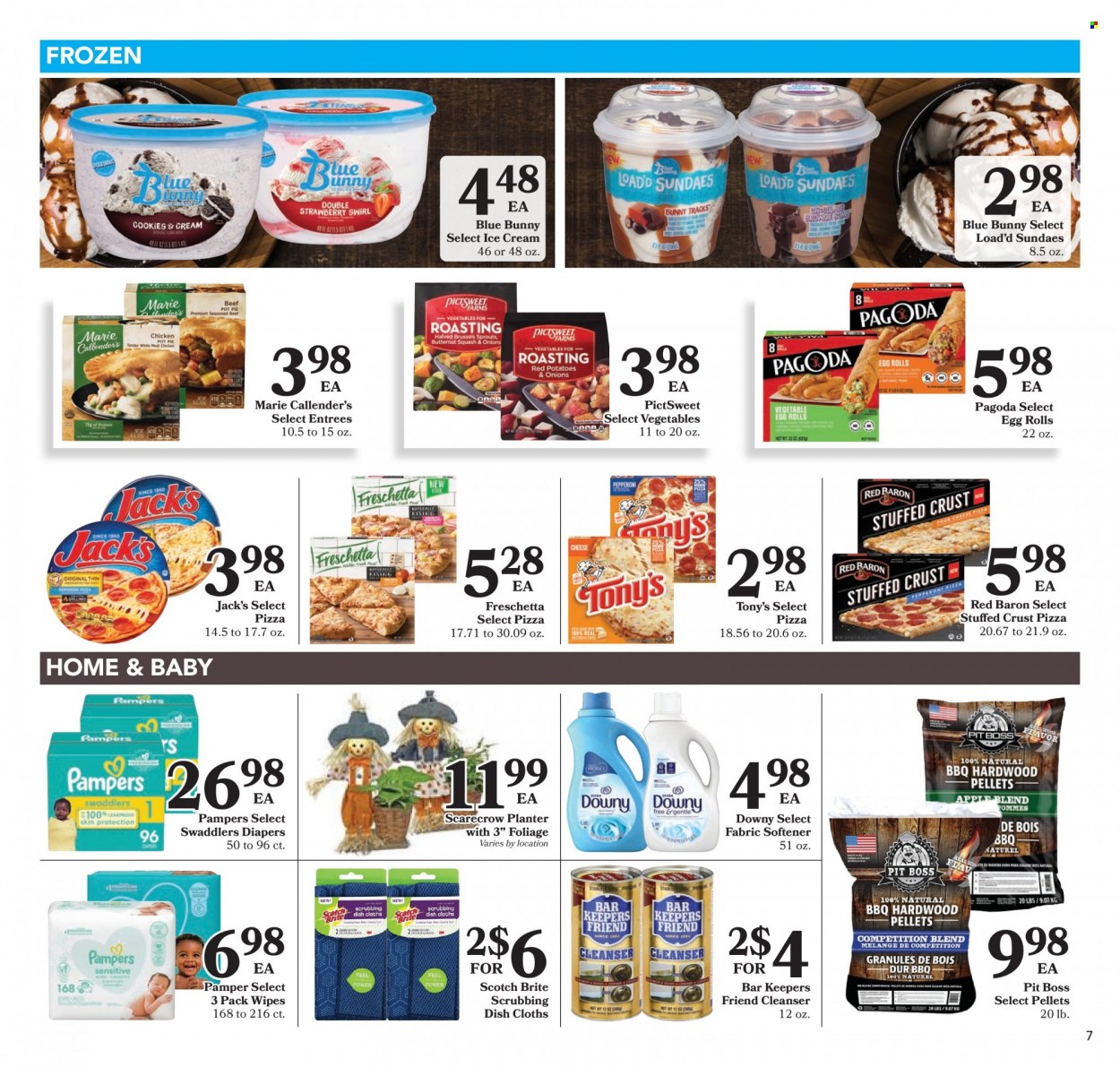 thumbnail - Harps Hometown Fresh Flyer - 09/28/2022 - 10/04/2022 - Sales products - pie, pot pie, onion, brussel sprouts, red potatoes, pizza, egg rolls, Marie Callender's, pepperoni, ice cream, Blue Bunny, Red Baron, cookies, butternut squash. Page 7.