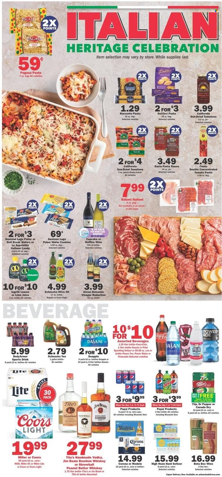 thumbnail - Schnucks Flyer - 09/28/2022 - 10/04/2022 - Sales products - cupcake, pasta sauce, sauce, cookies, wafers, Celebration, dried tomatoes, tomato paste, balsamic vinegar, extra virgin olive oil, vinegar, olive oil, oil, peanut butter, Canada Dry, Coca-Cola, Mountain Dew, Powerade, Pepsi, Body Armor, Dr. Pepper, 7UP, Snapple, tea, bourbon, vodka, whiskey, Jim Beam, Hard Seltzer, bourbon whiskey, whisky, beer, Corona Extra, Modelo, Miller Lite, Coors. Page 3.