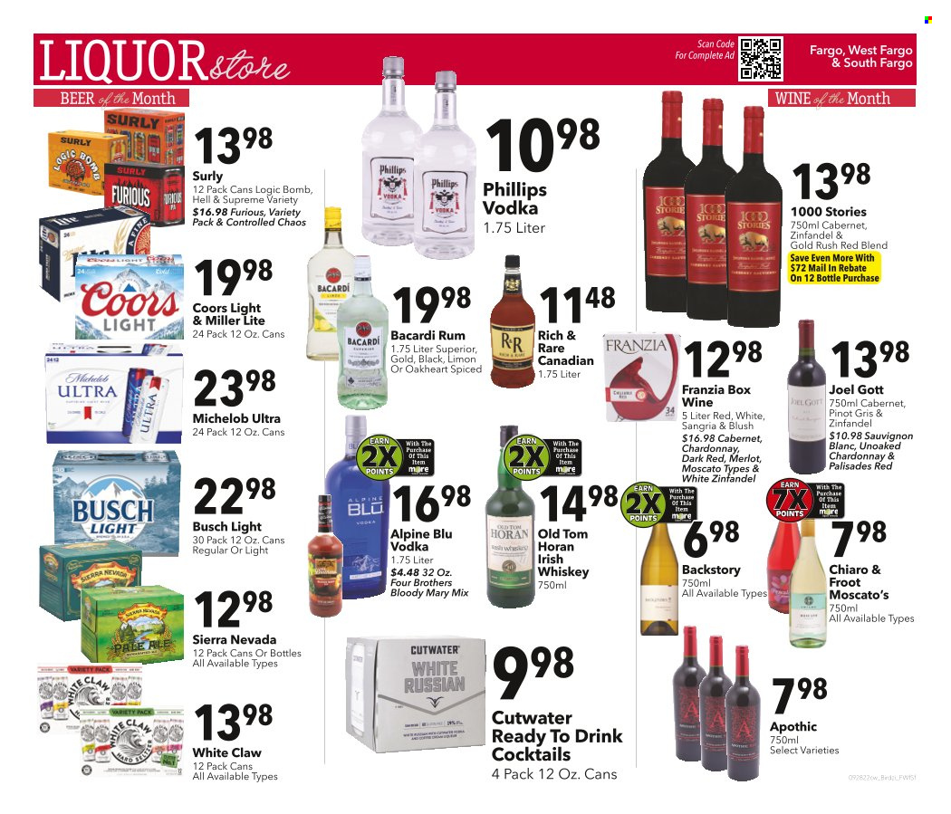 thumbnail - Cash Wise Flyer - 09/28/2022 - 10/04/2022 - Sales products - Four Brothers, Cabernet Sauvignon, red wine, white wine, Chardonnay, wine, Merlot, Moscato, Pinot Grigio, Sauvignon Blanc, Bacardi, rum, vodka, whiskey, irish whiskey, White Claw, whisky, beer, Busch, Miller Lite, Coors, Michelob. Page 1.