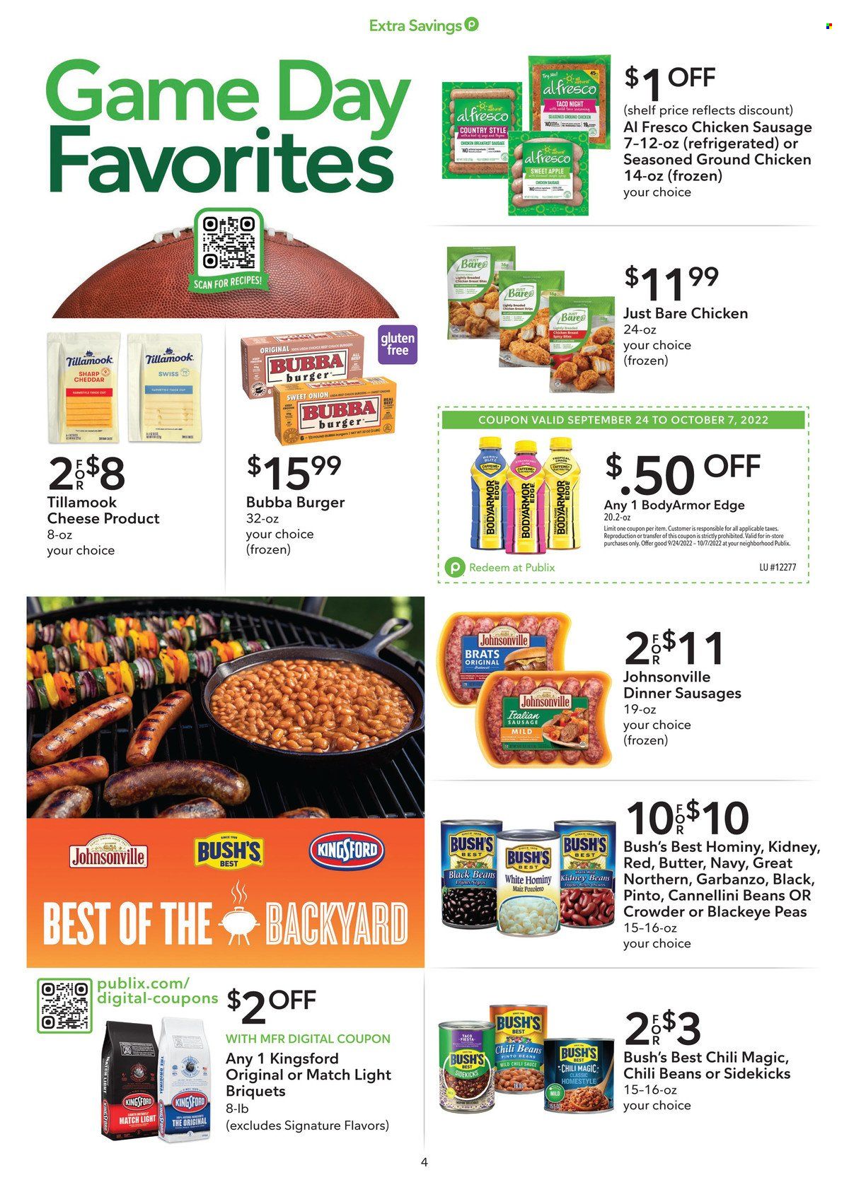 thumbnail - Publix Flyer - 09/24/2022 - 10/07/2022 - Sales products - beans, peas, onion, sauce, Kingsford, Johnsonville, sausage, chicken sausage, italian sausage, cheddar, cheese, butter, black beans, cannellini beans, kidney beans, pinto beans, chili beans, chilli sauce, ground chicken. Page 4.