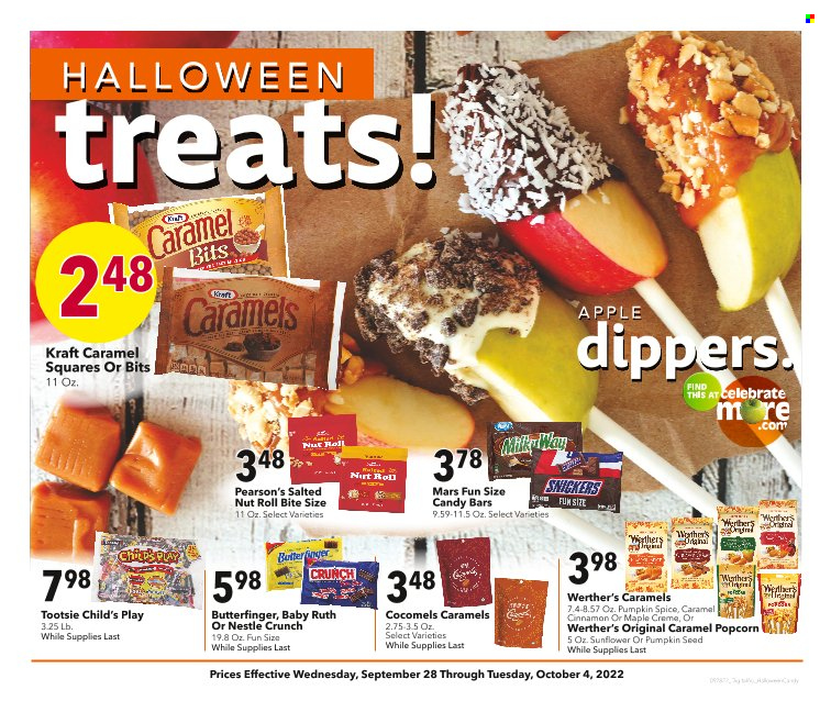 thumbnail - Cash Wise Flyer - 09/28/2022 - 10/04/2022 - Sales products - Kraft®, Nestlé, Milky Way, Snickers, Mars, popcorn, spice, cinnamon, caramel. Page 1.