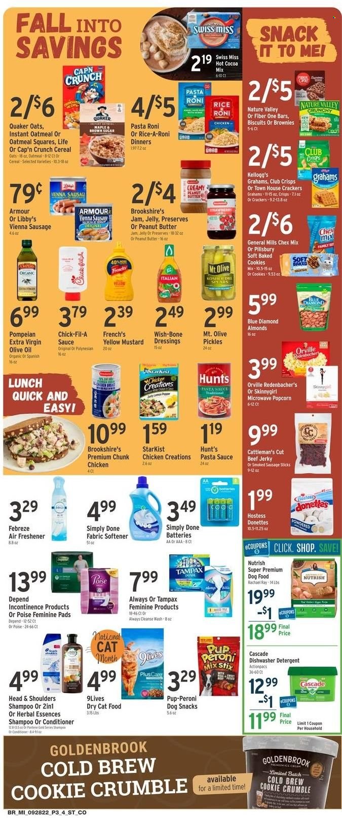 thumbnail - Brookshires Flyer - 09/28/2022 - 10/04/2022 - Sales products - brownies, StarKist, pasta sauce, sauce, Pillsbury, Quaker, beef jerky, jerky, sausage, smoked sausage, vienna sausage, Swiss Miss, cookies, snack, jelly, crackers, Kellogg's, biscuit, popcorn, Chex Mix, oatmeal, pickles, Cap'n Crunch, Nature Valley, Fiber One, rice, dill, mustard, extra virgin olive oil, olive oil, oil, fruit jam, almonds, Blue Diamond, hot cocoa, detergent, Febreze, Cascade, fabric softener, shampoo, Tampax, sanitary pads, conditioner, Head & Shoulders, Pantene, Herbal Essences, air freshener, battery, animal food, cat food, dog food, 9lives, dry cat food, Pup-Peroni, Nutrish. Page 3.