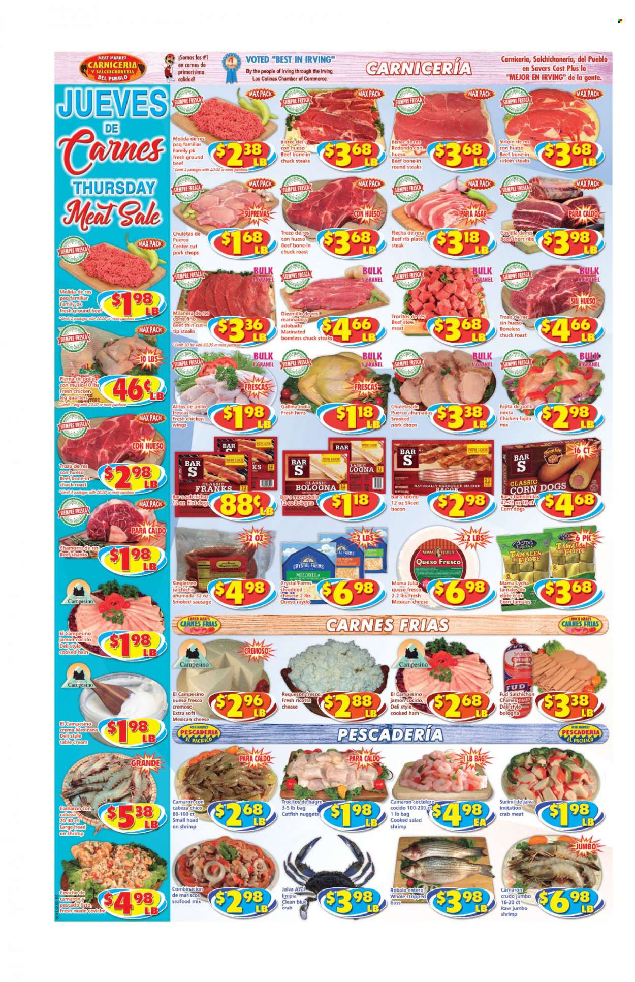 thumbnail - Savers Cost Plus Flyer - 09/28/2022 - 10/04/2022 - Sales products - stew meat, salad, catfish, crab meat, seafood, crab, shrimps, catfish nuggets, hot dog, fajita mix, bacon, cooked ham, mortadella, ham, sausage, smoked sausage, mozzarella, ricotta, queso fresco, cheese, chicken wings, beef meat, beef ribs, ground beef, steak, sirloin steak, chuck roast, pork chops, pork meat. Page 2.