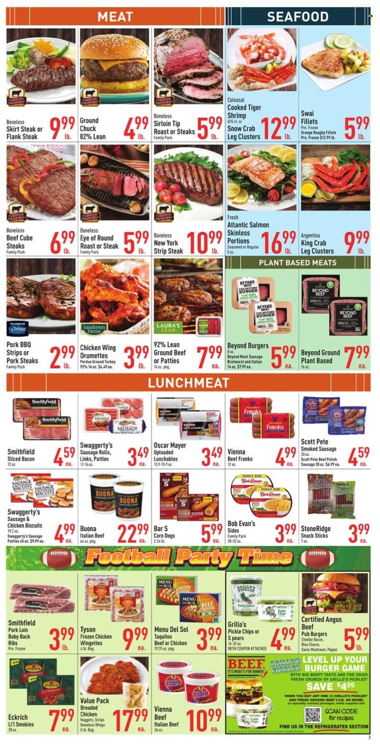 thumbnail - Strack & Van Til Flyer - 09/28/2022 - 10/04/2022 - Sales products - mushrooms, sausage rolls, pears, oranges, salmon, king crab, seafood, crab, shrimps, swai fillet, nuggets, hamburger, fried chicken, chicken nuggets, Perdue®, Menu Del Sol, taquitos, Lunchables, Bob Evans, bacon, Oscar Mayer, bratwurst, sausage, smoked sausage, lunch meat, cheese, strips, snack, biscuit, pickles, ground turkey, beef meat, ground beef, ground chuck, steak, eye of round, round roast, striploin steak, flank steak, pork chops, pork loin, pork meat, pork ribs, pork back ribs. Page 2.
