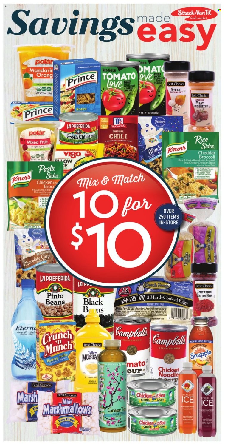 thumbnail - Strack & Van Til Flyer - 09/28/2022 - 10/04/2022 - Sales products - beans, tomatoes, mandarines, Knorr, sauce, Pillsbury, noodles, pasta sides, bacon bits, cheese, milk, eggs, marshmallows, chocolate chips, toffee, salt, pinto beans, diced tomatoes, rice, spice, syrup, Snapple, spring water, green tea, tea, steak, ginseng. Page 3.