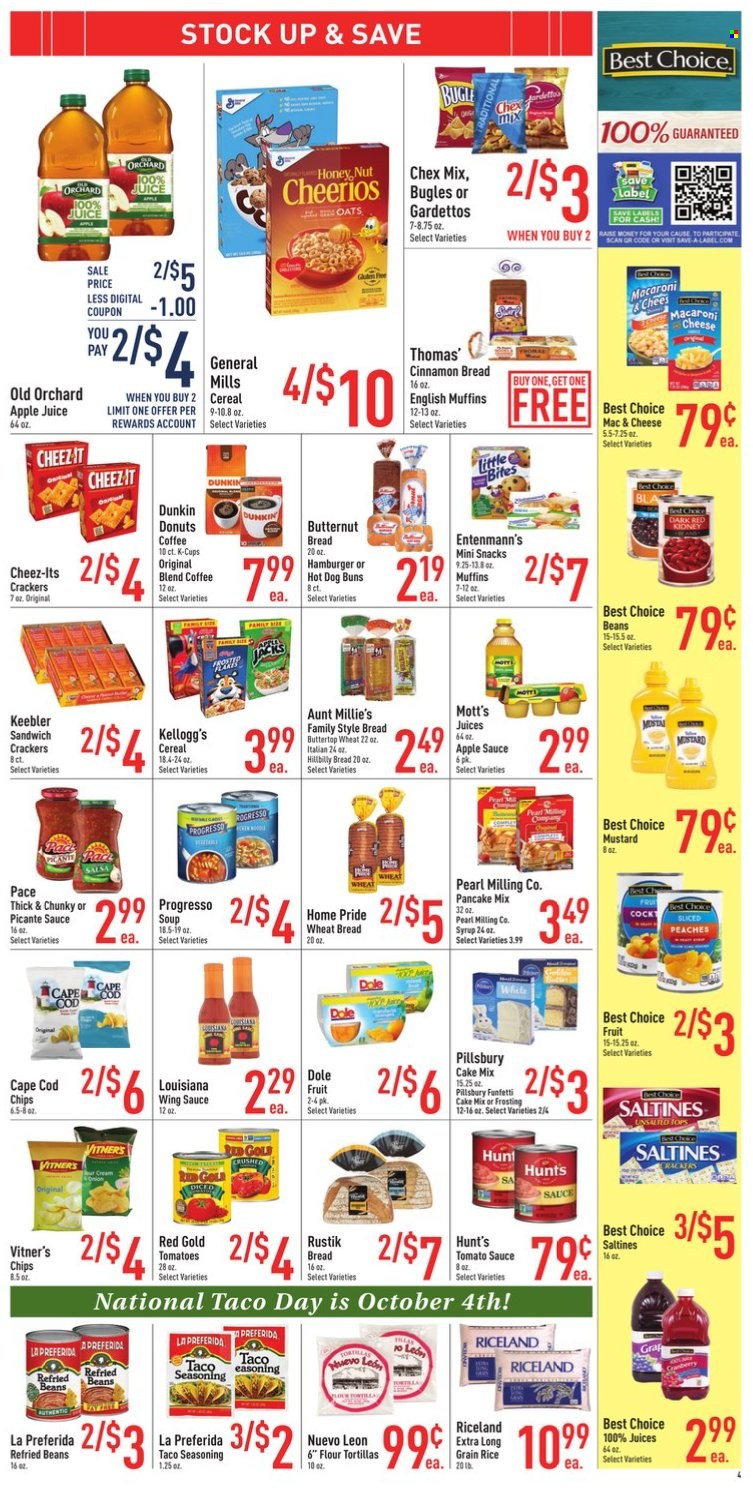 thumbnail - Strack & Van Til Flyer - 09/28/2022 - 10/04/2022 - Sales products - english muffins, tortillas, wheat bread, buns, flour tortillas, Entenmann's, cake mix, Dole, Mott's, cod, sauce, pancakes, Pillsbury, Progresso, snack, crackers, Kellogg's, Little Bites, Keebler, chips, saltines, Chex Mix, frosting, oats, refried beans, tomato sauce, cereals, Cheerios, rice, long grain rice, spice, cinnamon, mustard, salsa, wing sauce, apple sauce, syrup, apple juice, juice, tea, coffee, coffee capsules, K-Cups, butternut squash, peaches. Page 4.