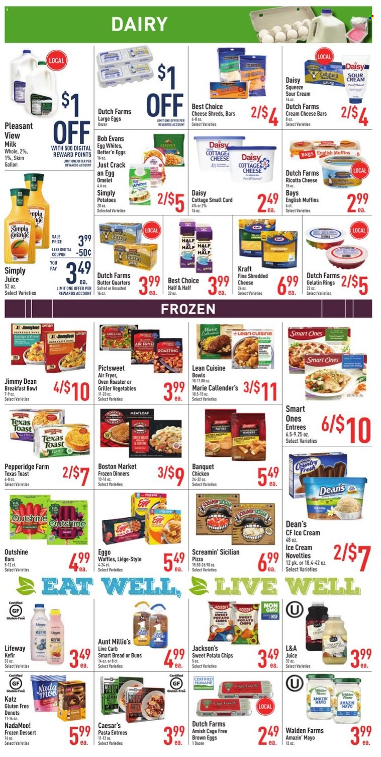 thumbnail - Strack & Van Til Flyer - 09/28/2022 - 10/04/2022 - Sales products - bread, english muffins, buns, donut, waffles, garlic, pizza, pasta, breakfast bowl, meatloaf, Lean Cuisine, Marie Callender's, Kraft®, Bob Evans, Jimmy Dean, cottage cheese, cream cheese, ricotta, milk, kefir, cage free eggs, large eggs, butter, sour cream, mayonnaise, ice cream, sweet potato fries, Screamin' Sicilian, potato chips, juice, gelatin, Half and half. Page 5.