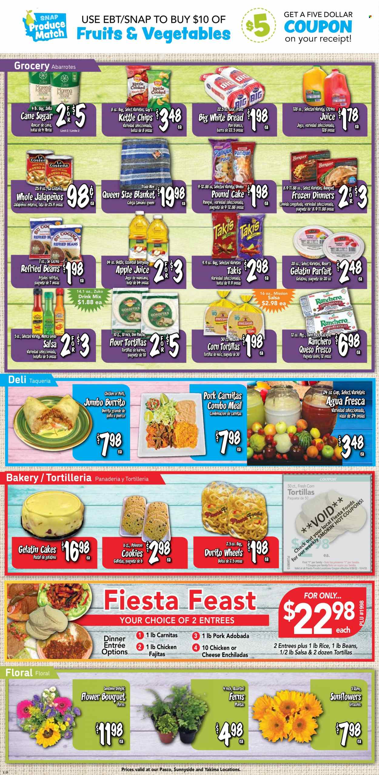 thumbnail - Fiesta Foods SuperMarkets Flyer - 09/28/2022 - 10/04/2022 - Sales products - bread, corn tortillas, tortillas, white bread, cake, flour tortillas, pound cake, enchiladas, fajita, burrito, queso fresco, Sunshine, cookies, Lay’s, cane sugar, sugar, refried beans, rice, salsa, apple juice, juice. Page 2.