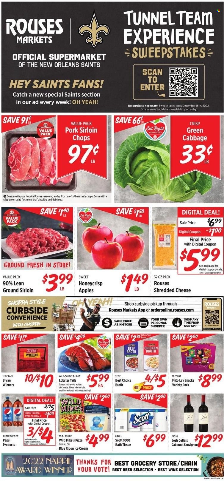 thumbnail - Rouses Markets Flyer - 09/28/2022 - 10/05/2022 - Sales products - cabbage, apples, lobster, lobster tail, pizza, Bryan, shredded cheese, ice cream, snack, beef broth, chicken broth, broth, spice, Pepsi, Cabernet Sauvignon, red wine, wine, beer, pork loin, bath tissue, Scott. Page 1.