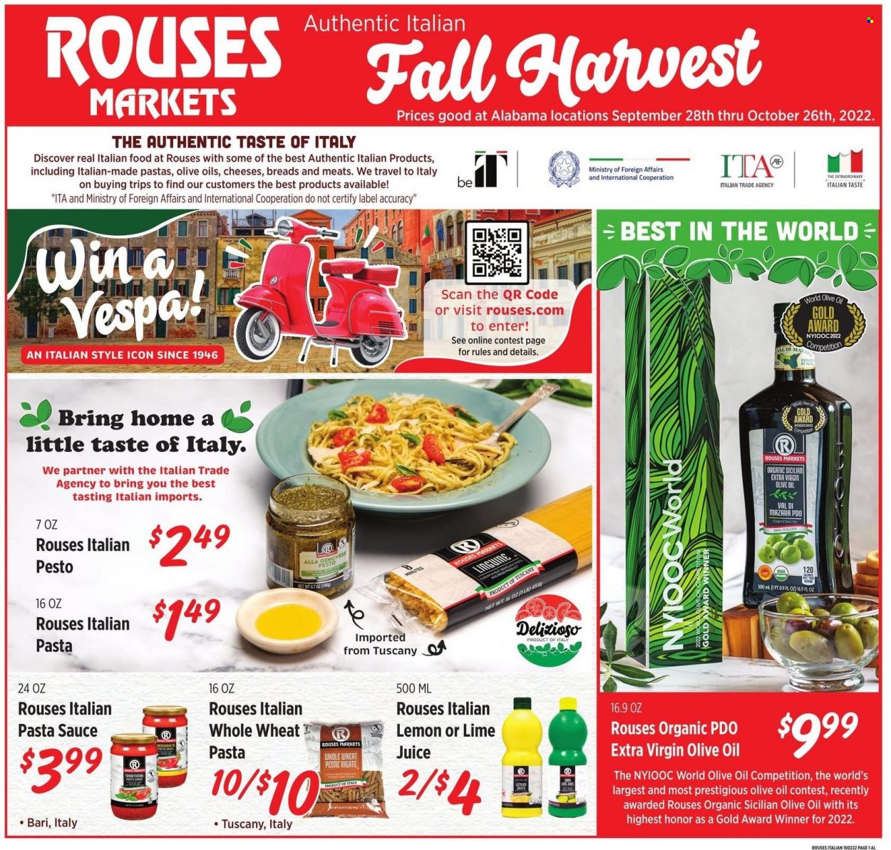 thumbnail - Rouses Markets Flyer - 09/28/2022 - 10/26/2022 - Sales products - pasta sauce, sauce, cheese, penne, pesto, extra virgin olive oil, olive oil, oil. Page 1.
