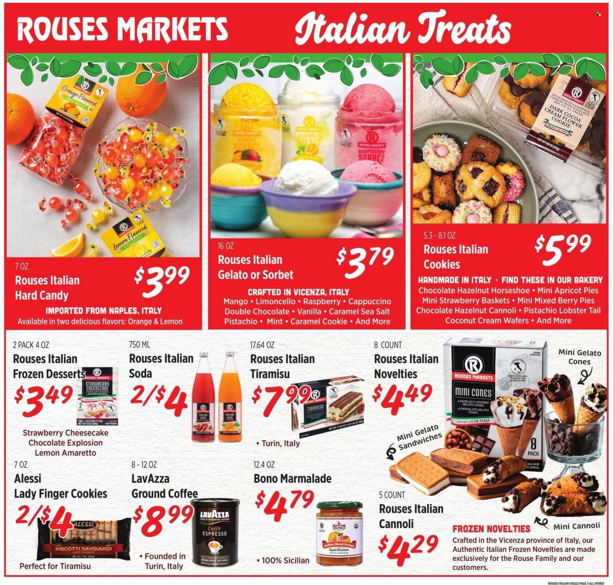 thumbnail - Rouses Markets Flyer - 09/28/2022 - 10/26/2022 - Sales products - cheesecake, tiramisu, coconut, lobster, lobster tail, sandwich, gelato, biscotti, cookies, lady fingers, wafers, chocolate, cocoa, sea salt, caramel, soda, cappuccino, coffee, ground coffee, Lavazza, Amaretto, Limoncello, chard. Page 3.