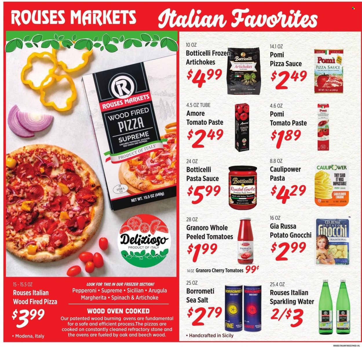 thumbnail - Rouses Markets Flyer - 09/28/2022 - 10/26/2022 - Sales products - arugula, onion, cherries, gnocchi, pasta sauce, sauce, sausage, pepperoni, sea salt, tomato paste, sparkling water. Page 4.