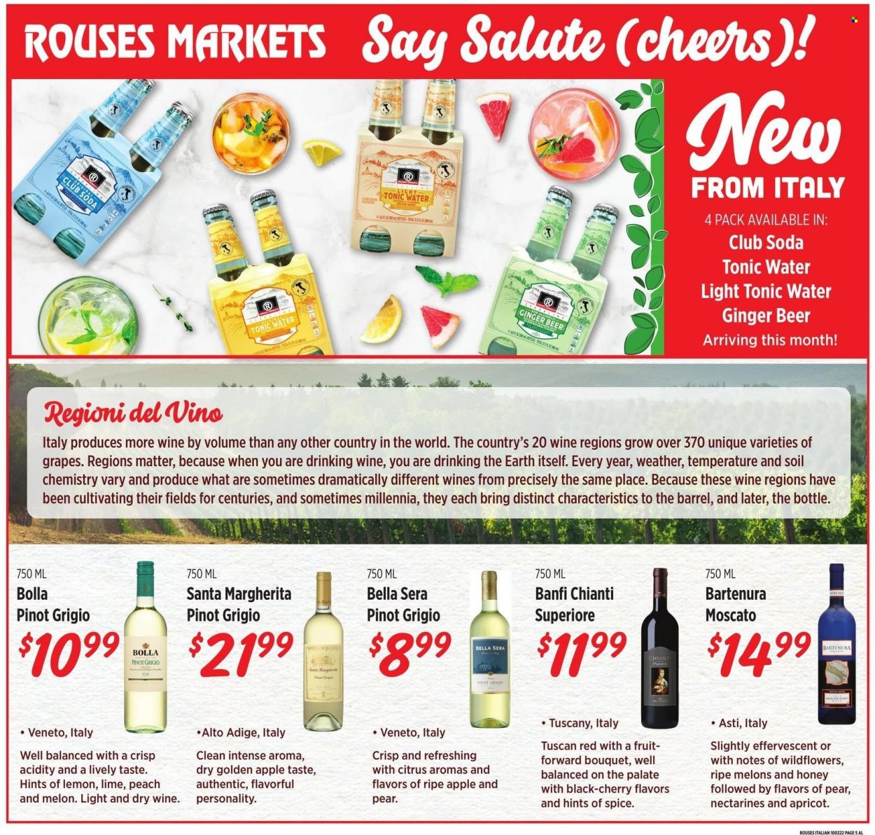 thumbnail - Rouses Markets Flyer - 09/28/2022 - 10/26/2022 - Sales products - Bella, grapes, pears, Santa, spice, honey, tonic, Club Soda, white wine, wine, Moscato, Pinot Grigio, beer, bouquet, nectarines, melons, ginger beer. Page 5.