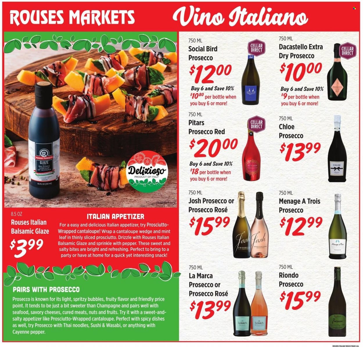 thumbnail - Rouses Markets Flyer - 09/28/2022 - 10/26/2022 - Sales products - cantaloupe, seafood, noodles, prosciutto, cheese, snack, wasabi, balsamic glaze, balsamic vinegar, vinegar, champagne, wine, rosé wine, Chloé. Page 6.