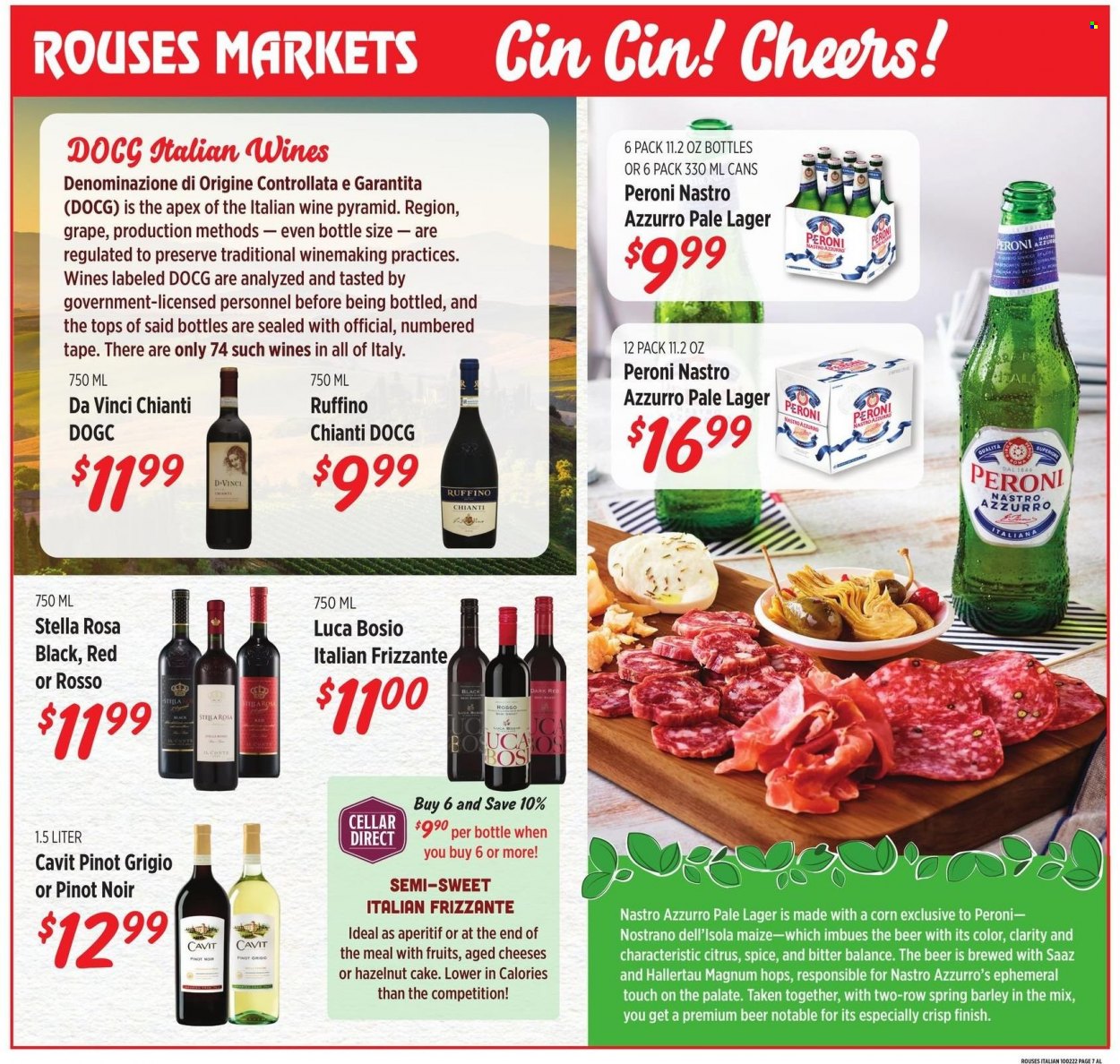 thumbnail - Rouses Markets Flyer - 09/28/2022 - 10/26/2022 - Sales products - cake, corn, cheese, Magnum, spice, white wine, Pinot Noir, Pinot Grigio, aperitif, beer, Peroni, Lager. Page 7.