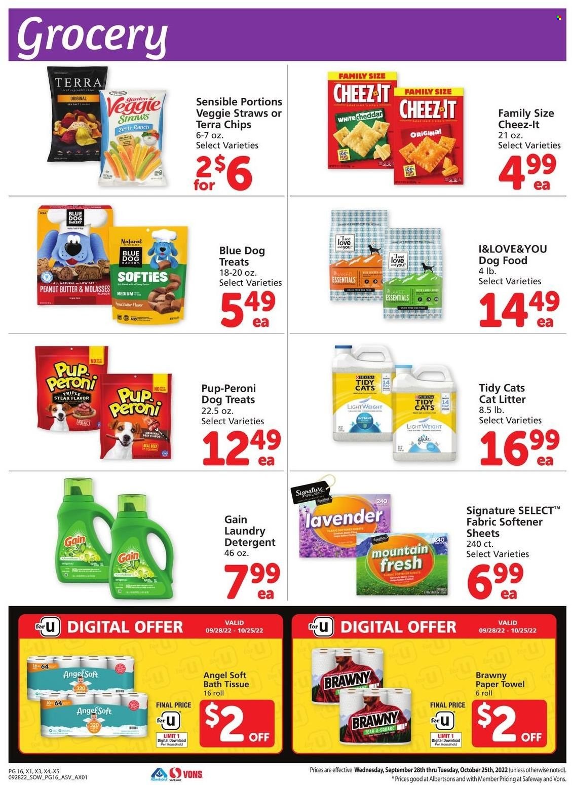 thumbnail - Safeway Flyer - 09/28/2022 - 10/25/2022 - Sales products - steak, cheese, chips, Veggie Straws, Cheez-It, peanut butter, bath tissue, paper towels, detergent, Gain, fabric softener, laundry detergent, Glade, animal food, dog food, Purina, Pup-Peroni. Page 16.