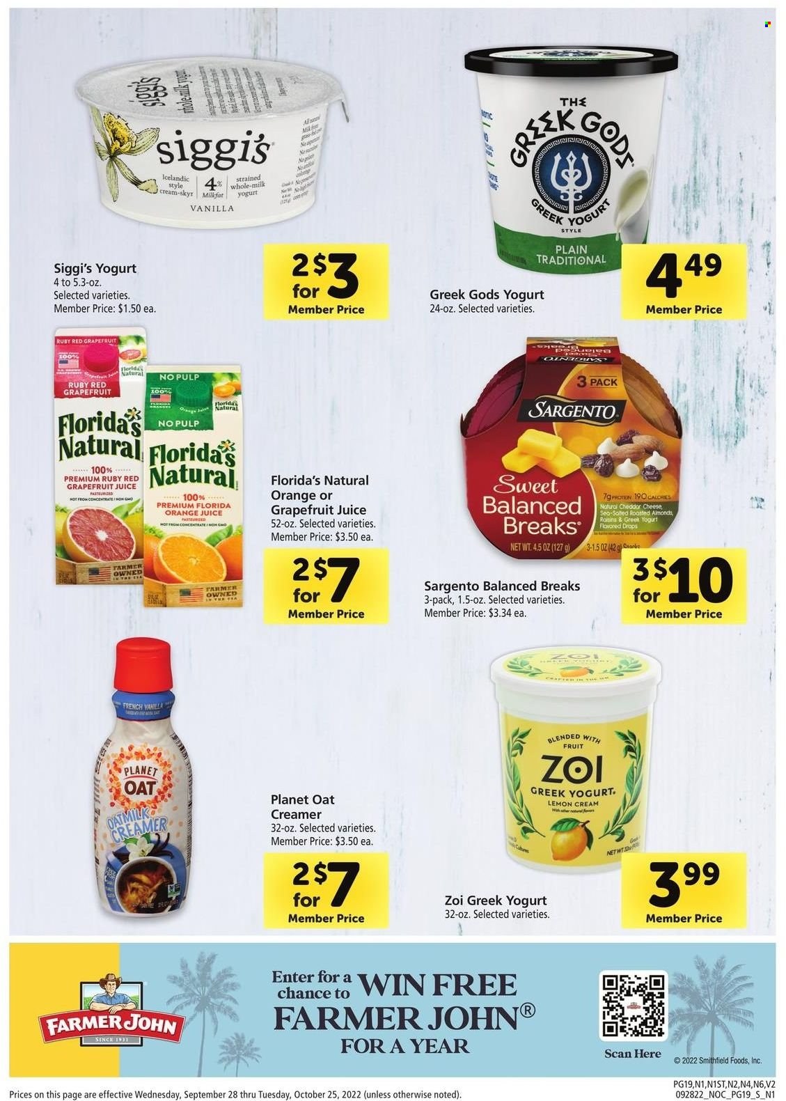 thumbnail - Safeway Flyer - 09/28/2022 - 10/25/2022 - Sales products - cheddar, cheese, Sargento, greek yoghurt, yoghurt, milk, oat milk, creamer, Florida's Natural, oats, almonds, orange juice, juice, N All. Page 19.