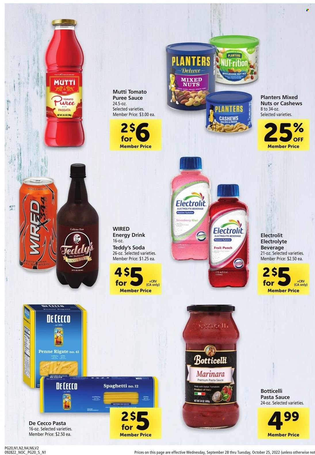 thumbnail - Safeway Flyer - 09/28/2022 - 10/25/2022 - Sales products - kiwi, spaghetti, pasta sauce, sauce, tomato sauce, tomato puree, penne, cashews, mixed nuts, Planters, energy drink, fruit punch, soda, beer, teddy. Page 20.