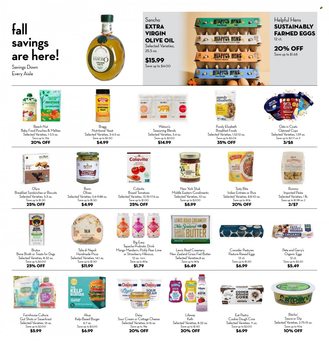 thumbnail - Bristol Farms Flyer - 09/28/2022 - 10/11/2022 - Sales products - mandarines, pears, pizza, hamburger, pasta, cottage cheese, eggs, butter, sour cream, dip, cookie dough, biscuit, oatmeal, oats, broth, sauerkraut, olives, rice, spice, extra virgin olive oil, olive oil, oil. Page 8.