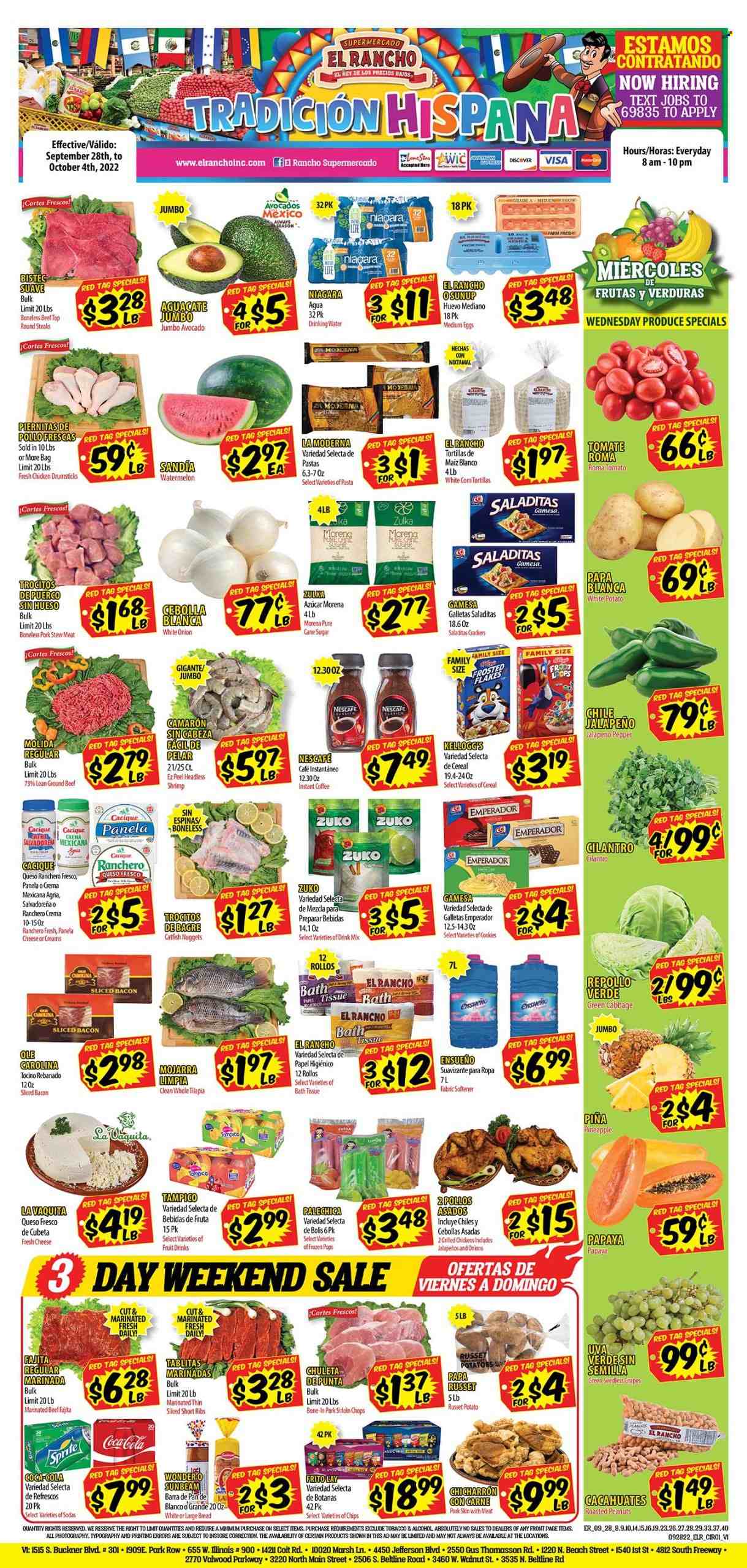 thumbnail - El Rancho Flyer - 09/28/2022 - 10/04/2022 - Sales products - stew meat, bread, tortillas, cabbage, russet potatoes, tomatoes, potatoes, jalapeño, avocado, grapes, seedless grapes, watermelon, pineapple, papaya, catfish, tilapia, shrimps, catfish nuggets, pasta, fajita, bacon, queso fresco, Panela cheese, eggs, cookies, crackers, Kellogg's, cane sugar, sugar, cereals, Frosted Flakes, cilantro, roasted peanuts, peanuts, Coca-Cola, Sprite, fruit punch, instant coffee, Nescafé, alcohol, chicken drumsticks, beef meat, ground beef, steak, marinated beef, pork loin. Page 1.