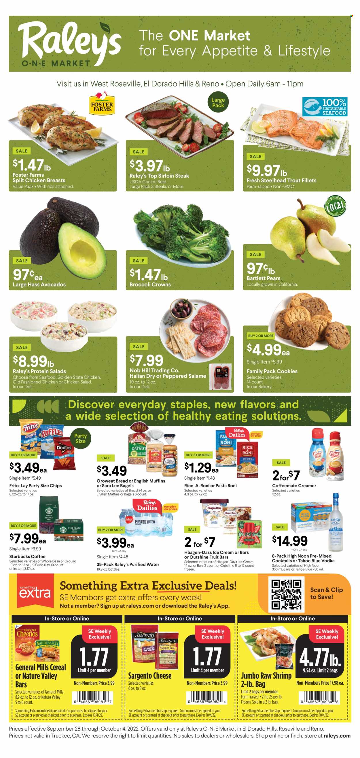 thumbnail - Rancho Markets Flyer - 09/28/2022 - 10/04/2022 - Sales products - bagels, bread, english muffins, Sara Lee, avocado, Bartlett pears, pears, trout, seafood, shrimps, chicken salad, cheese, Sargento, creamer, ice cream, Häagen-Dazs, cookies, Frito-Lay, cereals, Nature Valley, rice, purified water, coffee, Starbucks, coffee capsules, K-Cups, vodka, chicken breasts, beef sirloin, steak, sirloin steak. Page 1.