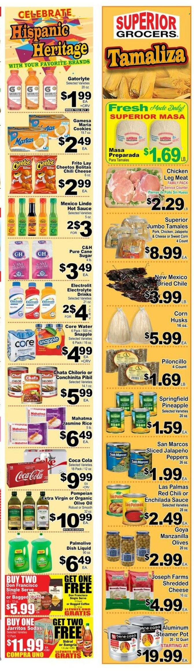 thumbnail - Superior Grocers Flyer - 09/28/2022 - 10/04/2022 - Sales products - corn, jalapeño, sweet corn, pineapple, chicken legs, sauce, shredded cheese, cookies, Cheetos, cane sugar, sugar, enchilada sauce, olives, Goya, rice, jasmine rice, hot sauce, extra virgin olive oil, olive oil, oil, Coca-Cola, Snapple, bagged coffee, Palmolive, pot. Page 5.