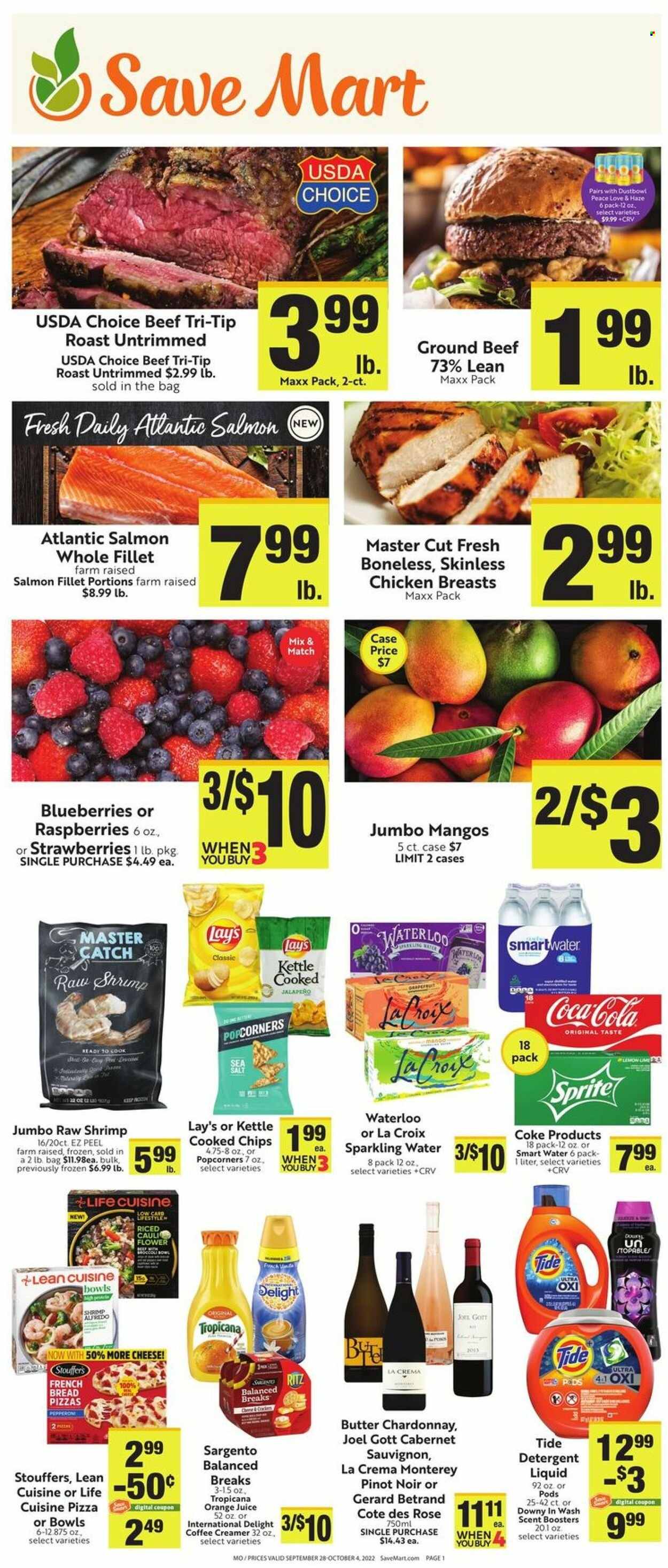 thumbnail - Save Mart Flyer - 09/28/2022 - 10/04/2022 - Sales products - bread, french bread, jalapeño, blueberries, grapefruits, mango, strawberries, chicken breasts, beef meat, ground beef, salmon, salmon fillet, shrimps, pizza, Lean Cuisine, Sargento, butter, creamer, RITZ, Lay’s, popcorn, Coca-Cola, Sprite, orange juice, juice, sparkling water, Smartwater, Cabernet Sauvignon, red wine, white wine, Chardonnay, wine, Pinot Noir, rosé wine, Tide, scent booster. Page 1.