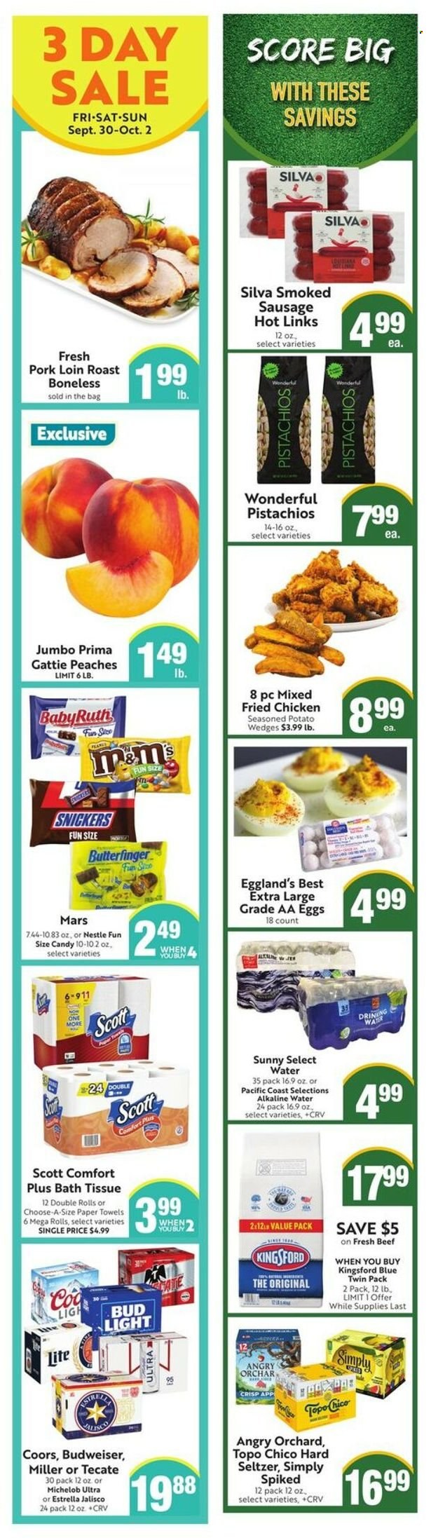 thumbnail - Save Mart Flyer - 09/28/2022 - 10/04/2022 - Sales products - pork loin, pork meat, fried chicken, Kingsford, sausage, smoked sausage, eggs, potato wedges, Nestlé, Snickers, Mars, pistachios, alkaline water, Hard Seltzer, beer, Bud Light, Miller, Budweiser, Coors, Michelob, peaches. Page 5.