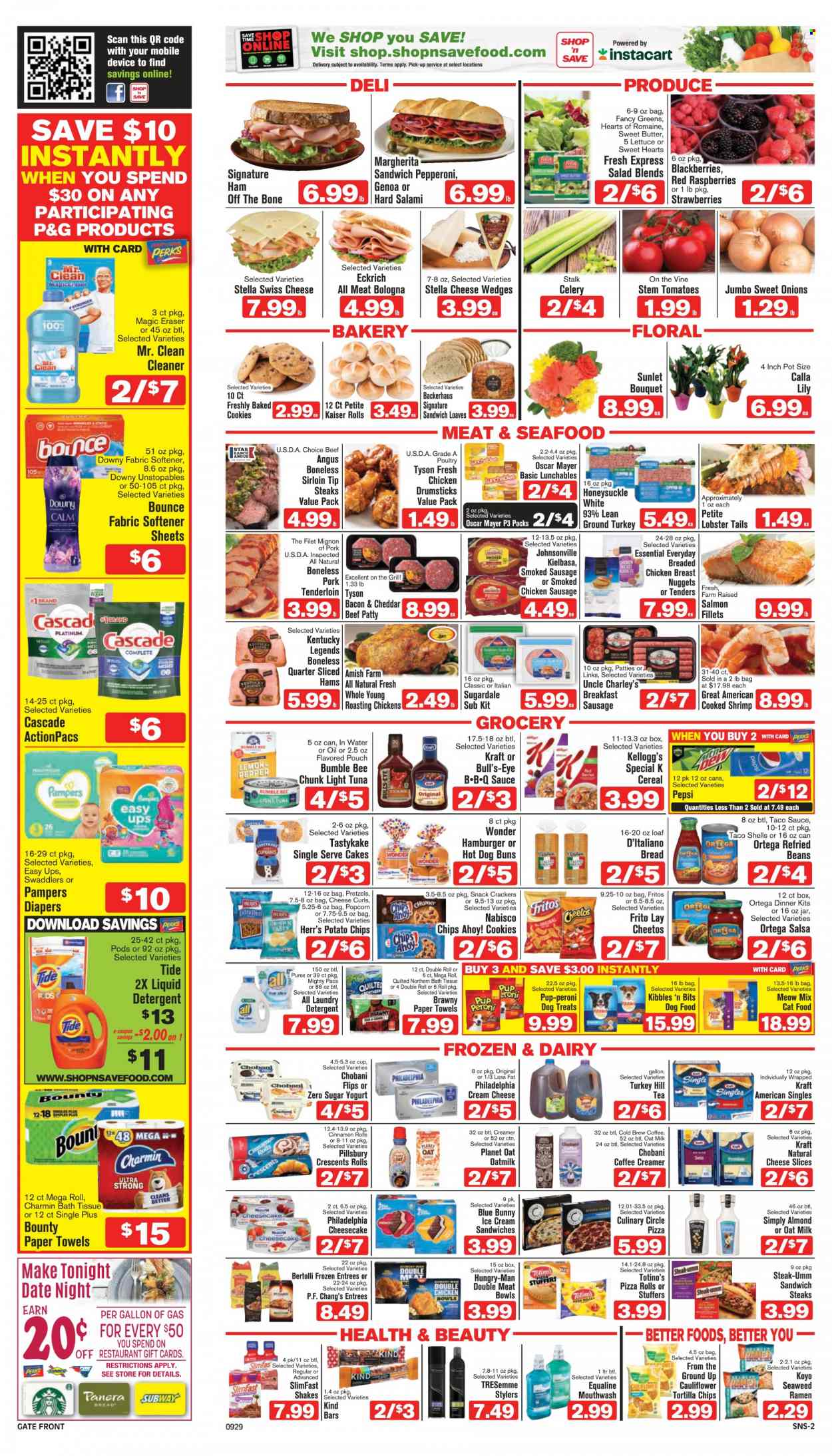 thumbnail - Shop ‘n Save Flyer - 09/29/2022 - 10/05/2022 - Sales products - bread, pretzels, cake, pizza rolls, buns, cinnamon roll, celery, lettuce, salad, strawberries, ground turkey, chicken drumsticks, steak, beef tenderloin, Johnsonville, lobster, lobster tail, shrimps, ramen, pizza, nuggets, Bumble Bee, fried chicken, Pillsbury, chicken nuggets, dinner kit, Slimfast, Lunchables, Kraft®, Bertolli, Sugardale, bacon, salami, Oscar Mayer, sausage, smoked sausage, pepperoni, chicken sausage, kielbasa, cream cheese, sliced cheese, swiss cheese, Philadelphia, Kraft Singles, Provolone, yoghurt, Chobani, milk, shake, oat milk, butter, creamer, ice cream, ice cream sandwich, Blue Bunny, cookies, snack, Bounty, crackers, Kellogg's, Chips Ahoy!, Fritos, tortilla chips, potato chips, Cheetos, popcorn, seaweed, refried beans, light tuna, cereals, taco sauce, salsa, Pepsi, tea, bath tissue, Quilted Northern, kitchen towels, paper towels, Charmin, detergent, cleaner, Cascade, Tide, Unstopables, fabric softener, liquid detergent, laundry detergent, Bounce, Purex, Downy Laundry, WAVE, mouthwash, TRESemmé, animal food, cat food, dog food, Pup-Peroni, Meow Mix. Page 2.