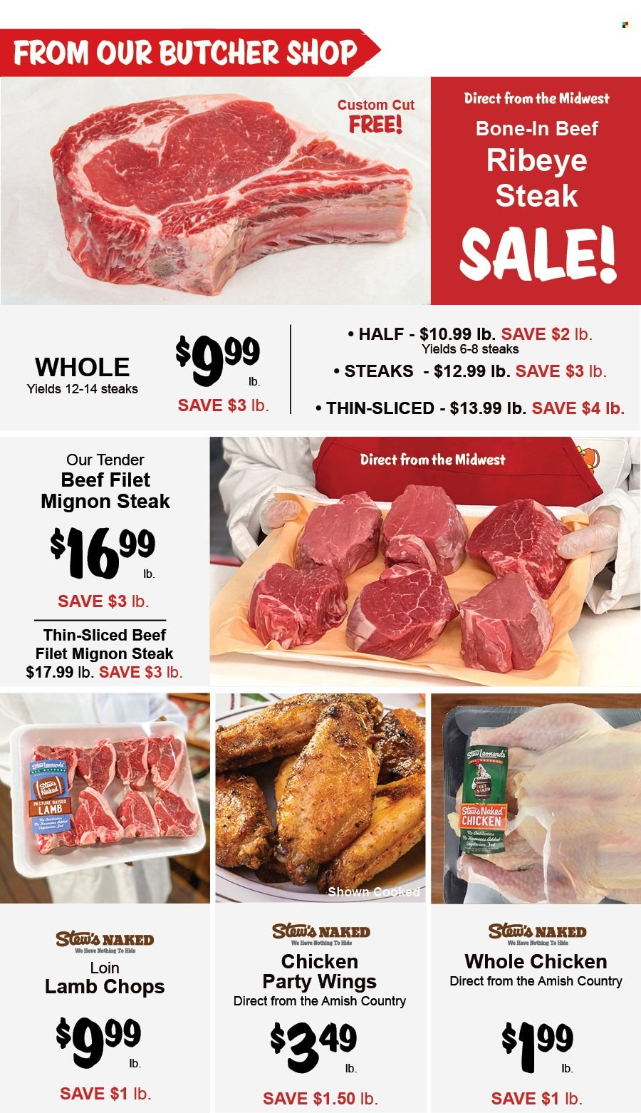 thumbnail - Stew Leonard's Flyer - 09/28/2022 - 10/04/2022 - Sales products - whole chicken, beef meat, beef steak, steak, beef tenderloin, ribeye steak, lamb chops, lamb meat. Page 1.