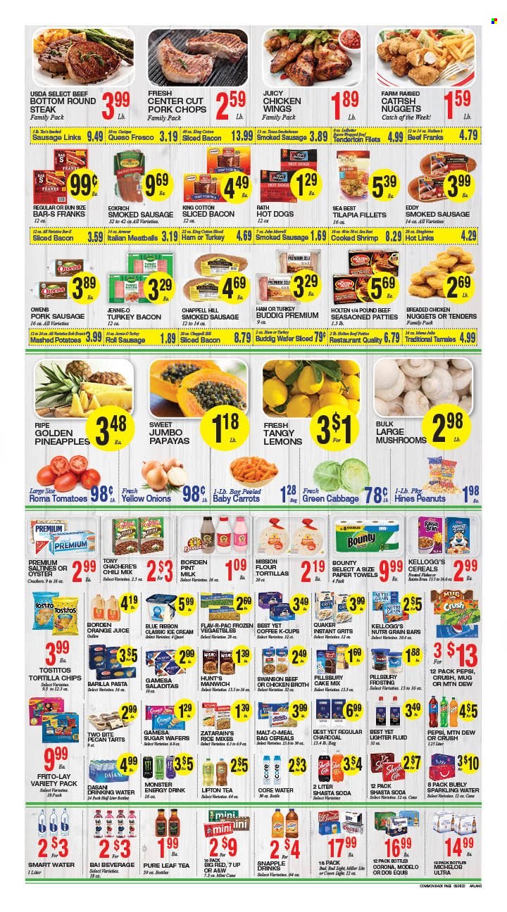 thumbnail - Arlan's Market Flyer - 09/28/2022 - 10/04/2022 - Sales products - mushrooms, flour tortillas, cake mix, cabbage, tomatoes, onion, pineapple, catfish, tilapia, oysters, shrimps, catfish nuggets, mashed potatoes, hot dog, meatballs, pasta, fried chicken, Pillsbury, chicken nuggets, Quaker, bacon, turkey bacon, ham, sausage, smoked sausage, pork sausage, queso fresco, Puck, milk, ice cream, chicken wings, wafers, Bounty, Kellogg's, tortilla chips, Frito-Lay, saltines, Tostitos, frosting, chicken broth, grits, broth, Manwich, cereals, Raisin Bran, Nutri-Grain, peanuts, Mountain Dew, Pepsi, orange juice, juice, energy drink, Monster, Lipton, 7UP, Monster Energy, Snapple, A&W, Bai, soda, sparkling water, Smartwater, tea, Pure Leaf, coffee, coffee capsules, K-Cups, beer, Bud Light, Corona Extra, Miller, Modelo, beef meat, steak, round steak, pork chops, pork meat, Coors, Dos Equis, Michelob, lemons. Page 2.