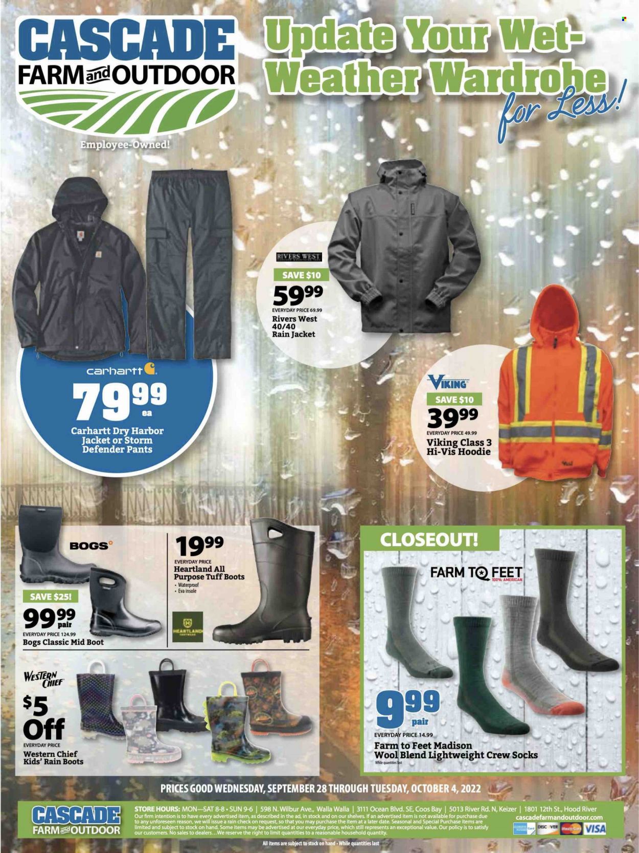 thumbnail - Cascade Farm And Outdoor Flyer - 09/28/2022 - 10/04/2022 - Sales products - boots, rain boots, hoodie, jacket, pants, socks. Page 1.