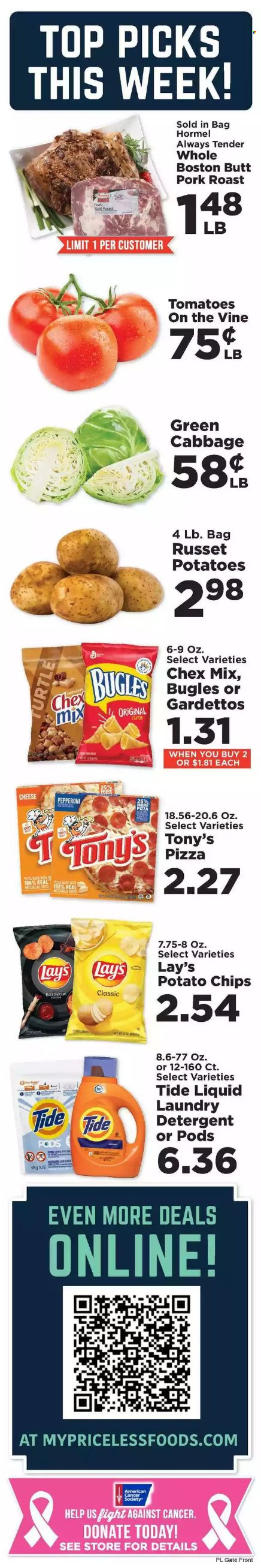thumbnail - Price Less Foods Flyer - 09/28/2022 - 10/04/2022 - Sales products - cabbage, russet potatoes, pizza, Hormel, pepperoni, potato chips, chips, Lay’s, Chex Mix, pork meat, pork roast, detergent, Tide, laundry detergent. Page 4.