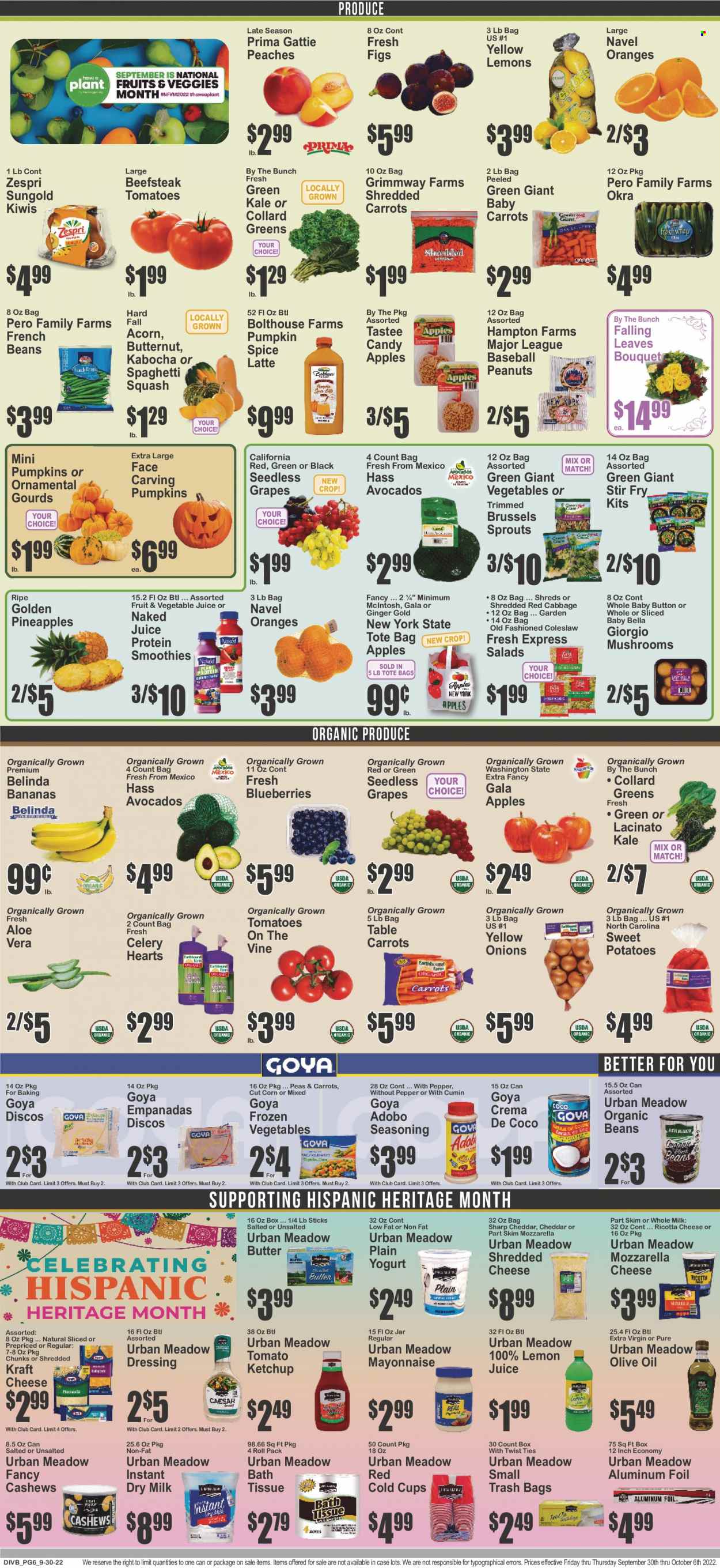thumbnail - Food Dynasty Flyer - 09/30/2022 - 10/06/2022 - Sales products - mushrooms, beans, cabbage, celery, corn, collard greens, french beans, ginger, sweet potato, tomatoes, kale, potatoes, okra, onion, brussel sprouts, sleeved celery, apples, avocado, bananas, figs, Gala, grapes, kiwi, seedless grapes, pineapple, oranges, coleslaw, Kraft®, empanadas, mozzarella, ricotta, shredded cheese, cheddar, yoghurt, milk, butter, mayonnaise, frozen vegetables, Goya, spice, cumin, adobo sauce, ketchup, extra virgin olive oil, olive oil, cashews, peanuts, vegetable juice, smoothie, lemon juice, bath tissue, trash bags, cup, aluminium foil, tote, tote bag, bouquet, butternut squash, peaches, navel oranges. Page 6.