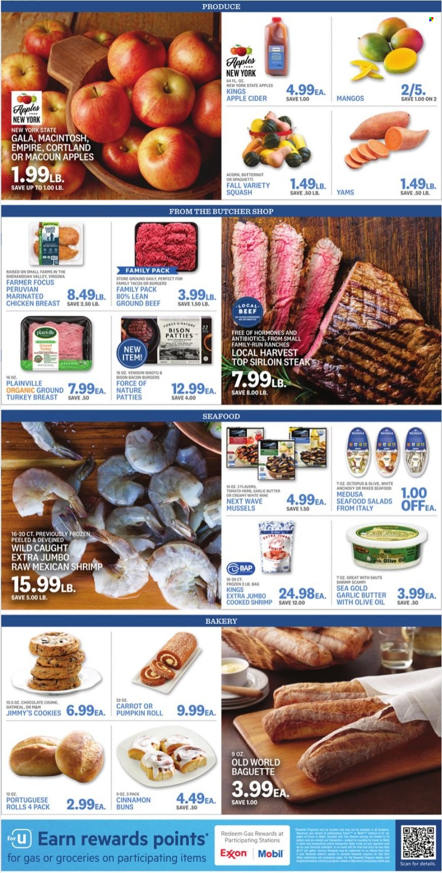 thumbnail - Kings Food Markets Flyer - 09/30/2022 - 10/06/2022 - Sales products - venison meat, baguette, buns, tacos, pumpkin, Gala, mussels, octopus, seafood, shrimps, bacon, butter, cookies, chocolate, anchovies, herbs, cinnamon, oil, white wine, wine, apple cider, cider, turkey breast, chicken breasts, marinated chicken, beef meat, ground beef, steak, sirloin steak, butternut squash. Page 4.