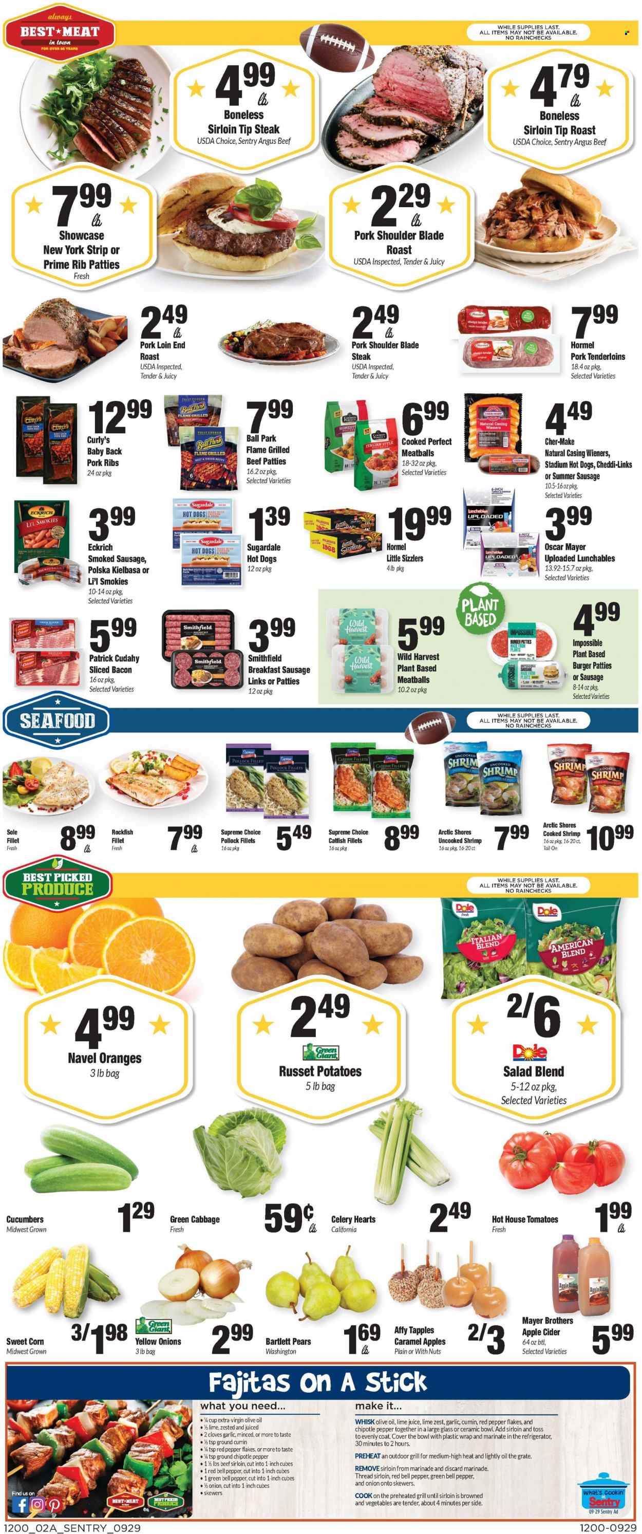thumbnail - Sentry Foods Flyer - 09/29/2022 - 10/05/2022 - Sales products - bell peppers, cabbage, celery, corn, cucumber, garlic, russet potatoes, tomatoes, potatoes, salad, Dole, sweet corn, Wild Harvest, sleeved celery, Bartlett pears, pears, oranges, catfish, rockfish, pollock, seafood, shrimps, Arctic Shores, hot dog, meatballs, hamburger, fajita, Lunchables, Hormel, Sugardale, bacon, Oscar Mayer, sausage, smoked sausage, summer sausage, kielbasa, cheese, cloves, cumin, caramel, marinade, olive oil, oil, apple cider, bourbon, BROTHERS, cider, beef meat, beef sirloin, steak, burger patties, pork loin, pork meat, pork ribs, pork shoulder, pork tenderloin, pork back ribs, navel oranges. Page 2.