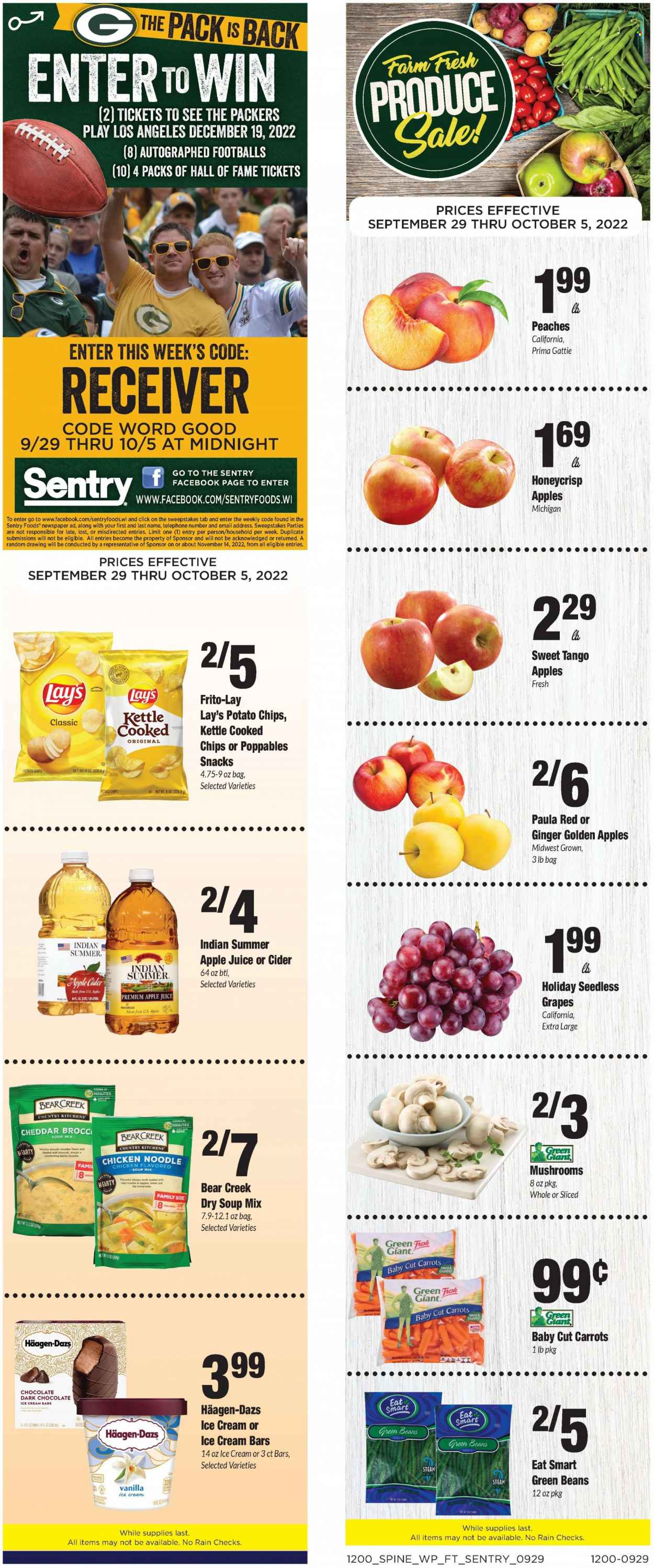thumbnail - Sentry Foods Flyer - 09/29/2022 - 10/05/2022 - Sales products - mushrooms, beans, broccoli, carrots, ginger, green beans, grapes, seedless grapes, soup mix, soup, noodles, cheese, ice cream, ice cream bars, Häagen-Dazs, snack, dark chocolate, potato chips, chips, Lay’s, Frito-Lay, chicken broth, broth, egg noodles, apple juice, juice, apple cider, cider, peaches. Page 5.