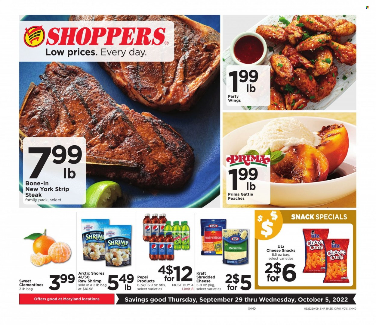thumbnail - Shoppers Flyer - 09/29/2022 - 10/05/2022 - Sales products - shrimps, Arctic Shores, Kraft®, mozzarella, shredded cheese, cheddar, snack, Pepsi, beef meat, steak, striploin steak, clementines, peaches. Page 1.