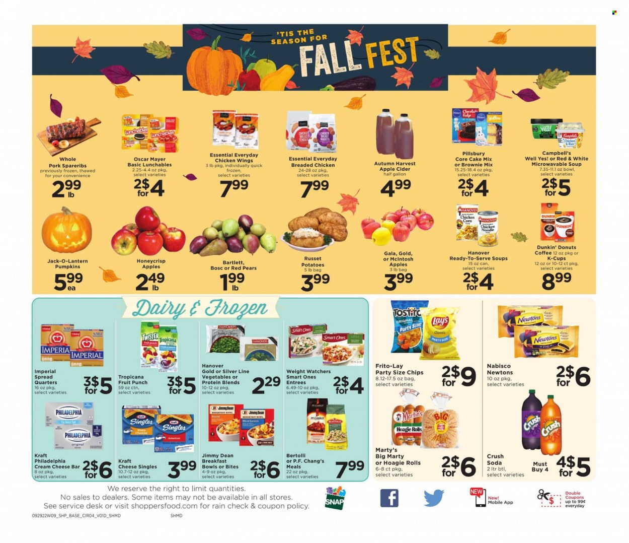 thumbnail - Shoppers Flyer - 09/29/2022 - 10/05/2022 - Sales products - Dunkin' Donuts, brownie mix, cake mix, corn, russet potatoes, pumpkin, Gala, pears, Campbell's, soup, nuggets, fried chicken, breakfast bowl, Pillsbury, chicken nuggets, noodles, Lunchables, Kraft®, Bertolli, Jimmy Dean, bacon, Oscar Mayer, cream cheese, sandwich slices, Philadelphia, cheese, Kraft Singles, chicken wings, chicken corn, fudge, Lay’s, Frito-Lay, rice, Tropicana Twister, fruit punch, soda, coffee, coffee capsules, K-Cups, apple cider, cider, pork spare ribs. Page 4.