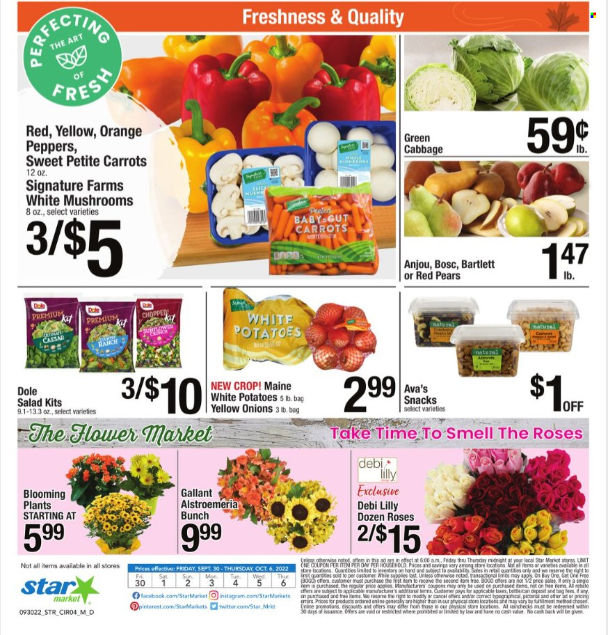 thumbnail - Star Market Flyer - 09/30/2022 - 10/06/2022 - Sales products - mushrooms, cabbage, carrots, potatoes, onion, salad, Dole, pears, oranges, snack. Page 4.
