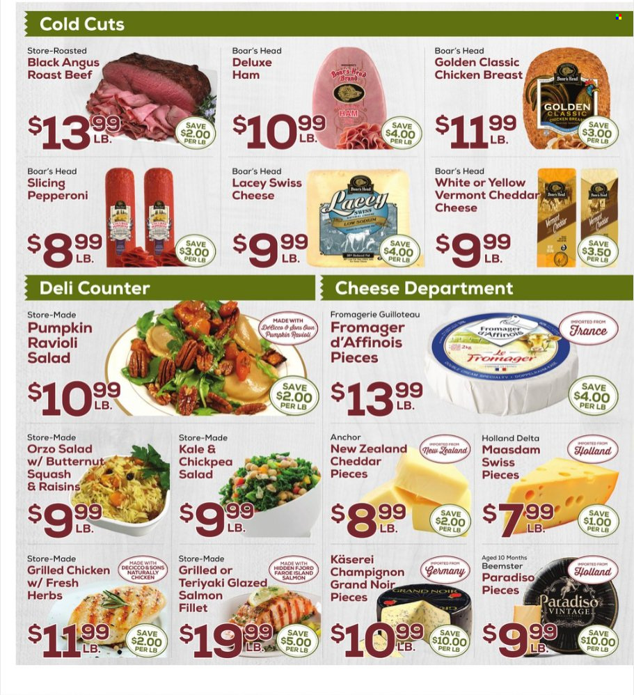thumbnail - DeCicco & Sons Flyer - 09/30/2022 - 10/06/2022 - Sales products - pumpkin, salad, salmon, salmon fillet, ravioli, ham, pepperoni, swiss cheese, cheddar, cheese, Maasdam, Anchor, herbs, raisins, dried fruit, chicken breasts, beef meat, roast beef, butternut squash. Page 2.