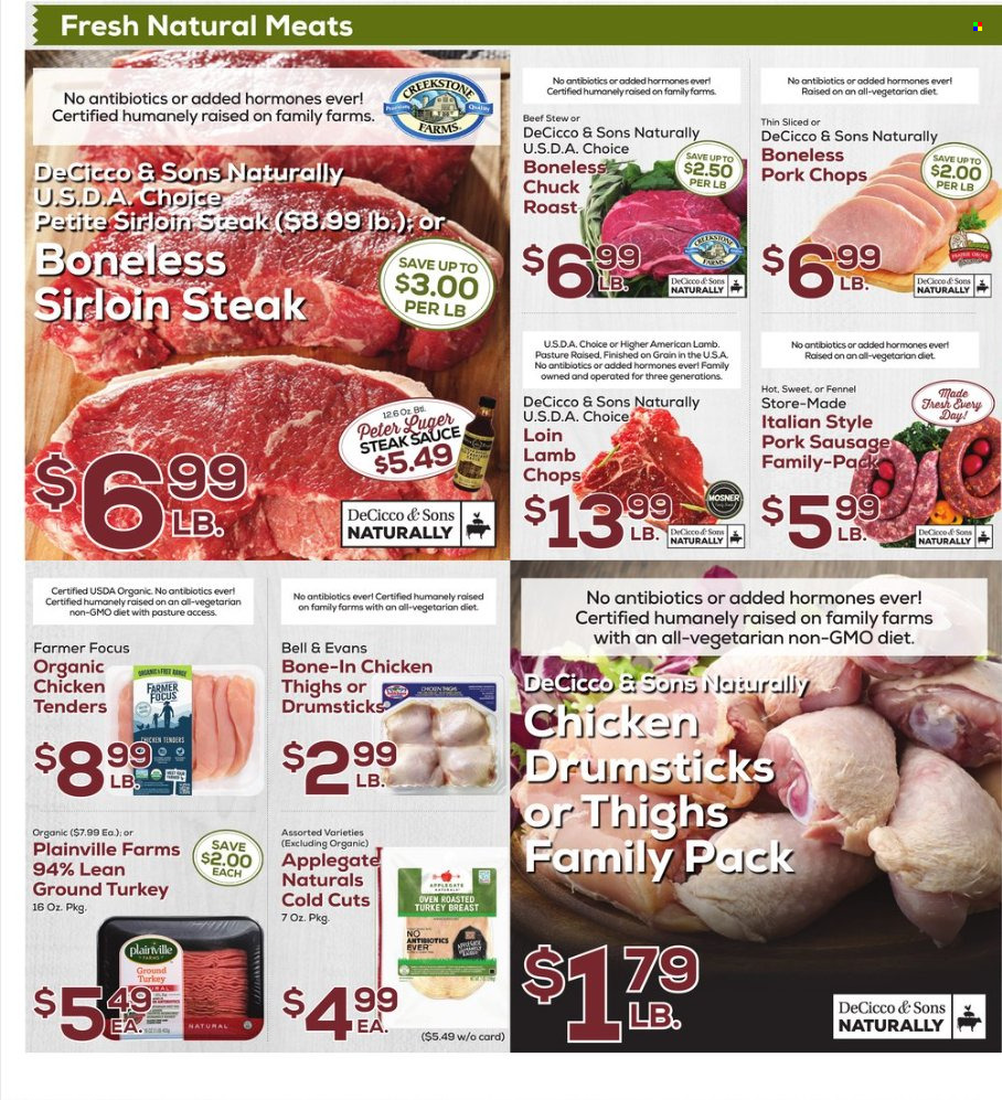 thumbnail - DeCicco & Sons Flyer - 09/30/2022 - 10/06/2022 - Sales products - chicken tenders, sauce, sausage, pork sausage, fennel, steak sauce, ground turkey, chicken thighs, chicken drumsticks, beef meat, beef sirloin, steak, sirloin steak, chuck roast, pork chops, pork meat, lamb chops, lamb meat. Page 4.
