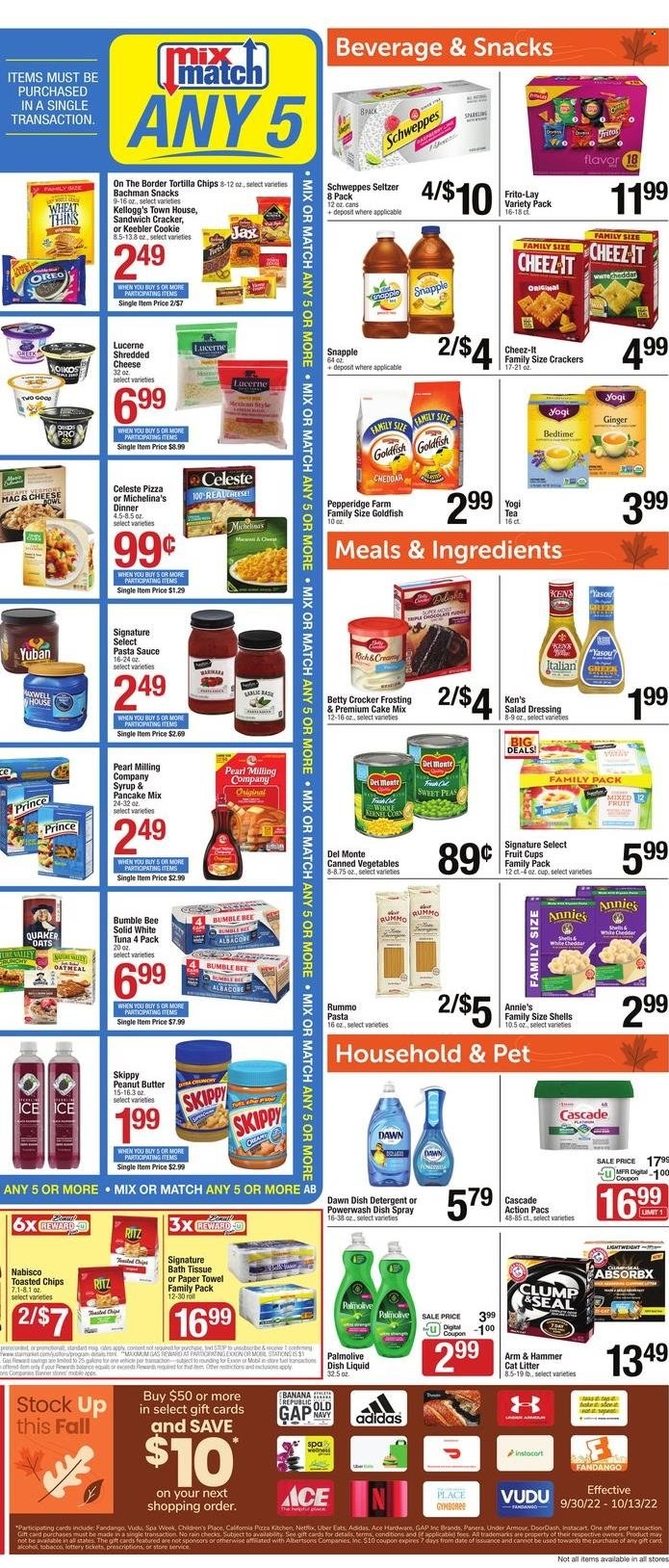 thumbnail - Shaw’s Flyer - 09/30/2022 - 10/06/2022 - Sales products - cake mix, corn, garlic, ginger, fruit cup, tuna, pizza, pasta sauce, sandwich, Bumble Bee, pancakes, Quaker, Annie's, shredded cheese, Oreo, Oikos, Celeste, chocolate, snack, crackers, Kellogg's, 7 Days, Keebler, RITZ, tortilla chips, chips, Thins, Goldfish, Frito-Lay, Cheez-It, ARM & HAMMER, frosting, oatmeal, oats, canned vegetables, Del Monte, salad dressing, dressing, peanut butter, syrup, Schweppes, Snapple, seltzer water, Maxwell House, tea, bath tissue, paper towels, detergent, Cascade, dishwashing liquid, dishwasher cleaner, Adidas, Palmolive. Page 3.