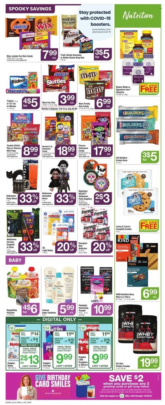thumbnail - ACME Flyer - 09/30/2022 - 10/06/2022 - Sales products - cake, Hershey's, chocolate, Trolli, Mentos, Haribo, Snickers, Twix, Mars, M&M's, Kinder Bueno, dark chocolate, Skittles, Tic Tac, Trident, nutrition bar, protein bar, oil, peanut butter, wipes, Huggies, Aveeno, gift wrap, party supplies, battery, bulb, Energizer, light bulb, Halloween, fish oil, Melatonin, Nature Made, whey protein, vitamin D3. Page 5.
