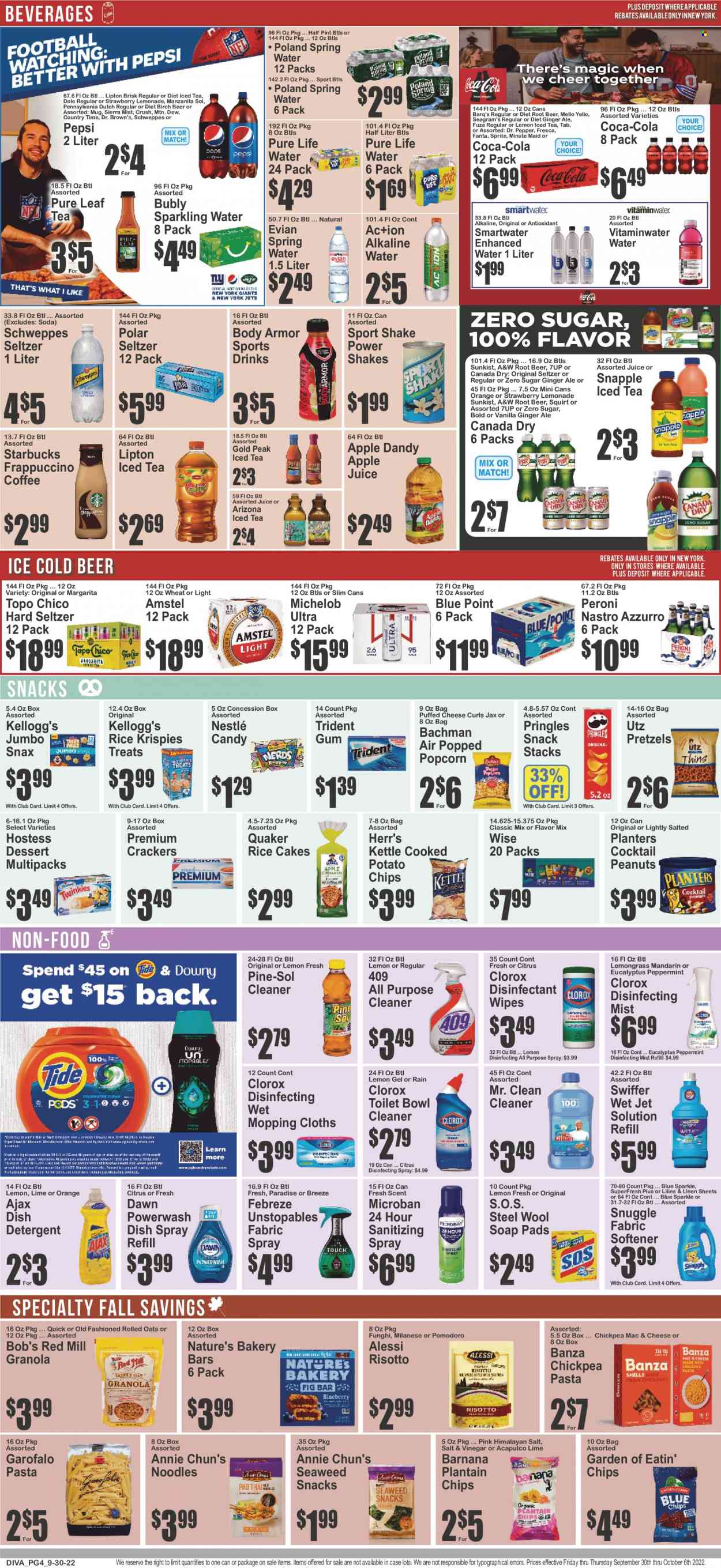 thumbnail - Key Food Flyer - 09/30/2022 - 10/06/2022 - Sales products - pretzels, Dole, mandarines, oranges, risotto, pasta, Quaker, noodles, shake, Nestlé, snack, crackers, Kellogg's, Trident, potato chips, Pringles, chips, popcorn, oats, granola, rolled oats, Rice Krispies, peanuts, Planters, apple juice, Canada Dry, Coca-Cola, ginger ale, lemonade, Mountain Dew, Schweppes, Sprite, Pepsi, juice, Fanta, Body Armor, Lipton, ice tea, Dr. Pepper, 7UP, AriZona, Snapple, Dr. Brown's, A&W, Sierra Mist, Country Time, fruit punch, spring water, soda, sparkling water, Pure Life Water, Smartwater, alkaline water, Evian, Pure Leaf, coffee, Starbucks, frappuccino, Hard Seltzer, beer, Peroni, wipes, detergent, Febreze, cleaner, desinfection, all purpose cleaner, Clorox, Ajax, Pine-Sol, Swiffer, Snuggle, Unstopables, fabric softener, dishwasher cleaner, Jet, soap, mug, Michelob. Page 5.